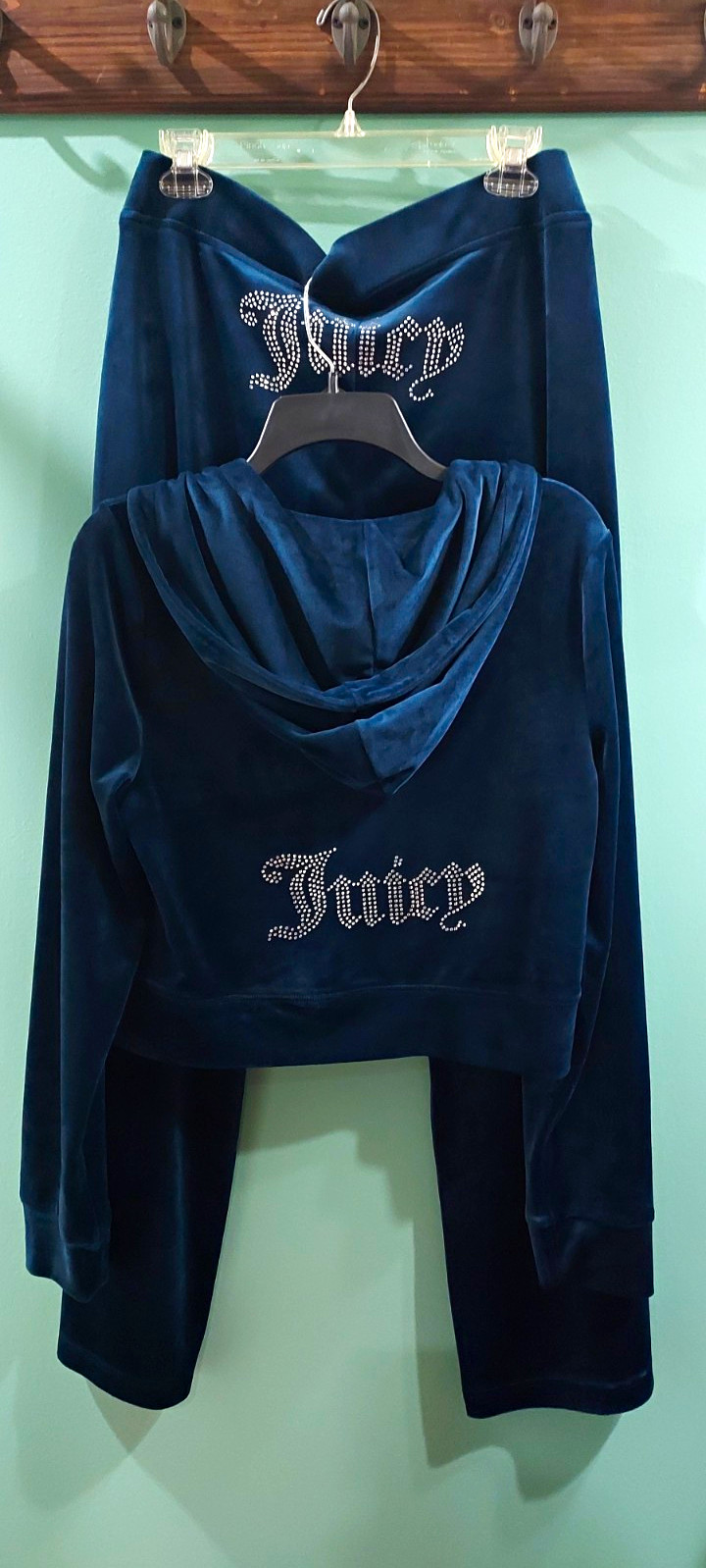 Juicy Couture Women’s Blue Velour 2pc Tracksuit Hoodie Pants Zip Pockets L