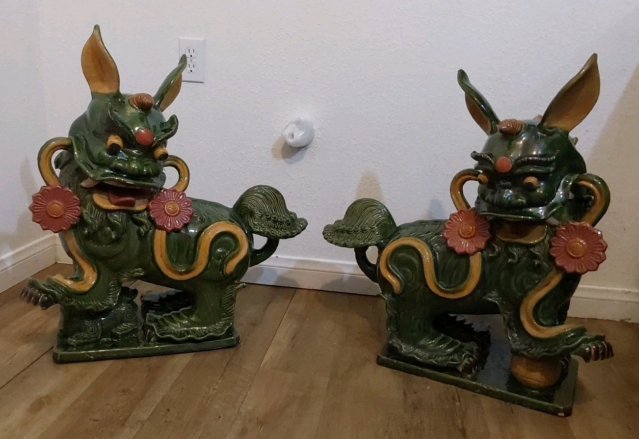 Vintage Pair Of Chinese Terracotta Glazed Yin & Yang Large Guardian Foo Dogs Vintage Pair Of Chinese Terracotta Glazed Yin & Yang Large Guardian Foo Dogs