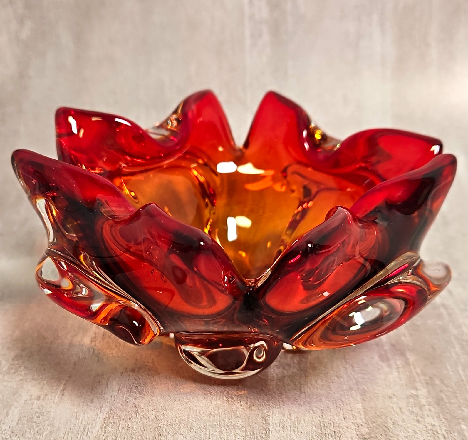 Vintage MCM Murano Art Glass Flame Bowl Red Amber Amberina Splash Ashtray 6