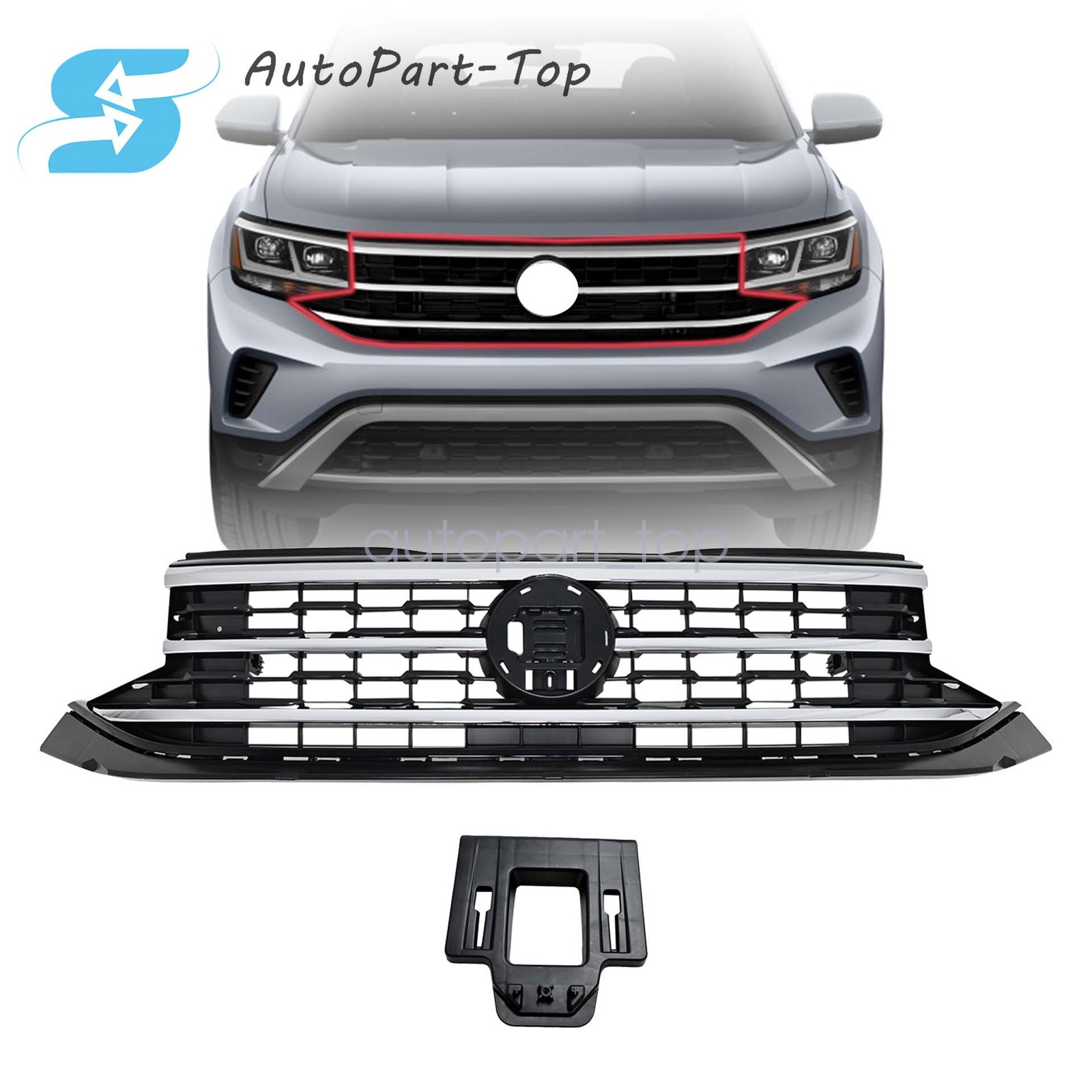 Fit 2020-2023 Vw Volkswagen Atlas Front Bumper Chrome & Black Upper Grille