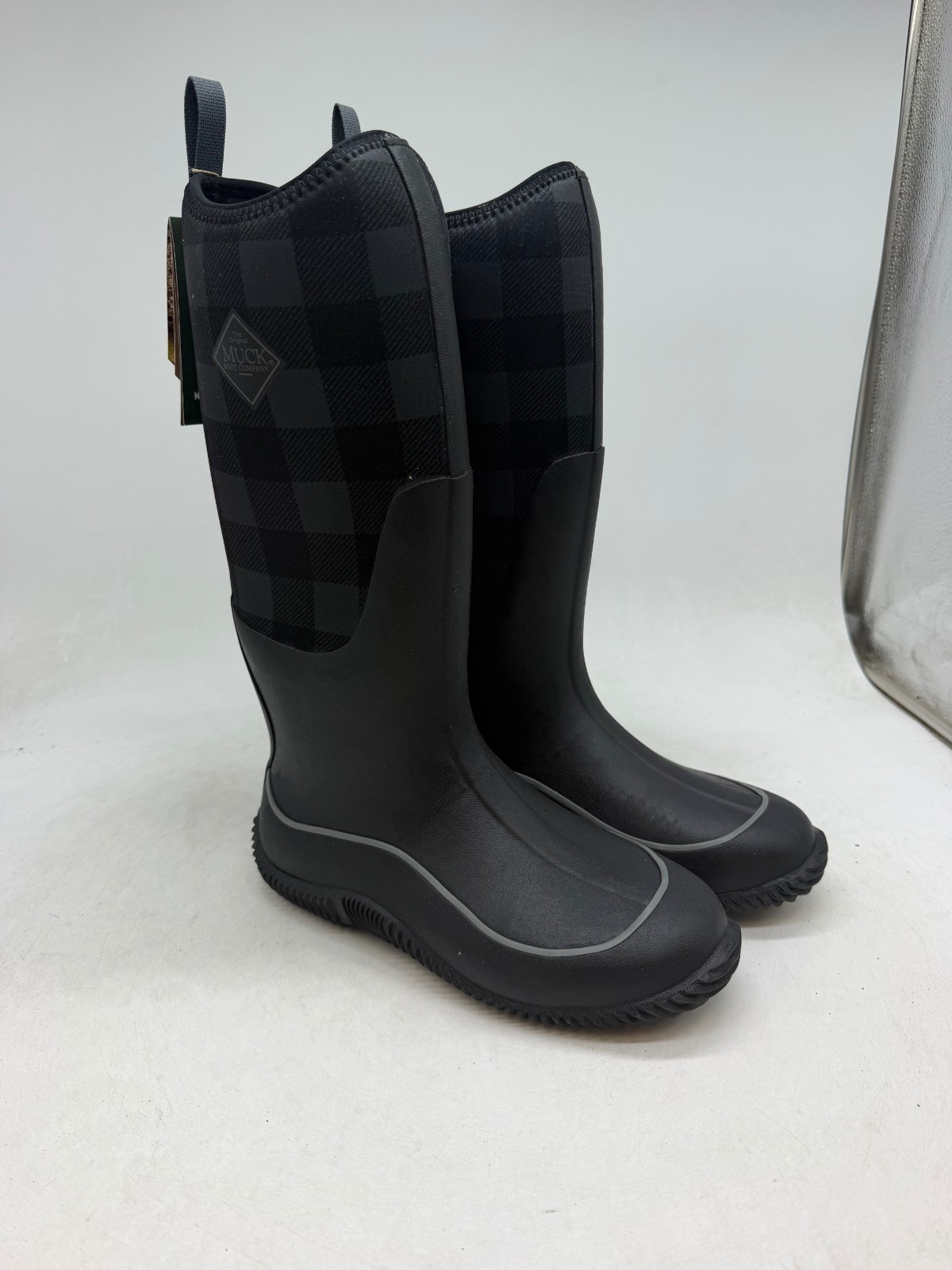 Muck Hale Tall Boots Women\'s Black Gray Plaid Mid Calf Round Toe Waterproof - 9 Muck Hale Tall Boots Women\'s Black Gray Plaid Mid Calf Round Toe Waterproof - 9