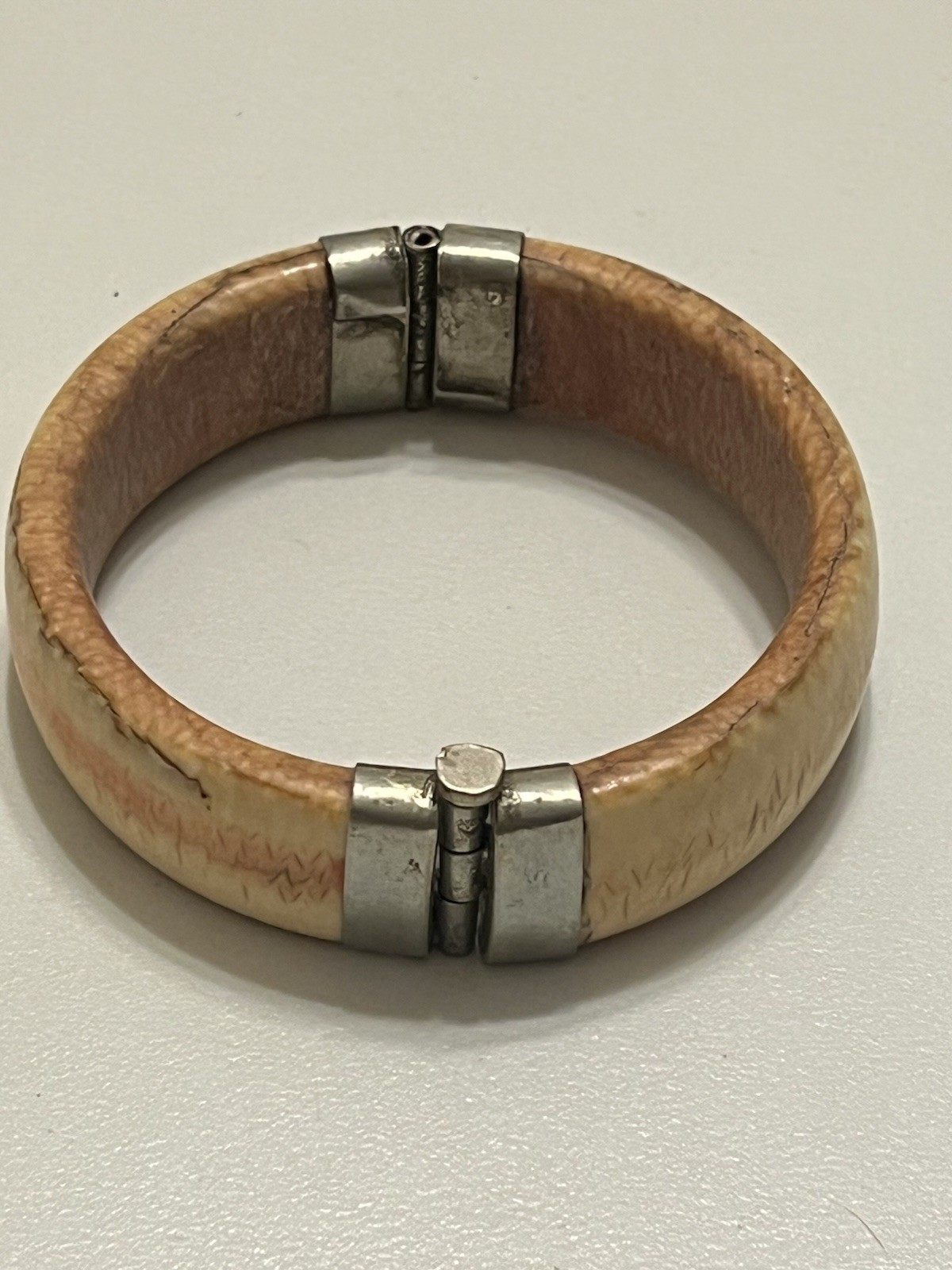 Vintage East Indian Hinged Bone Bovine Bangle Bracelet Silver Tone Pull Pin