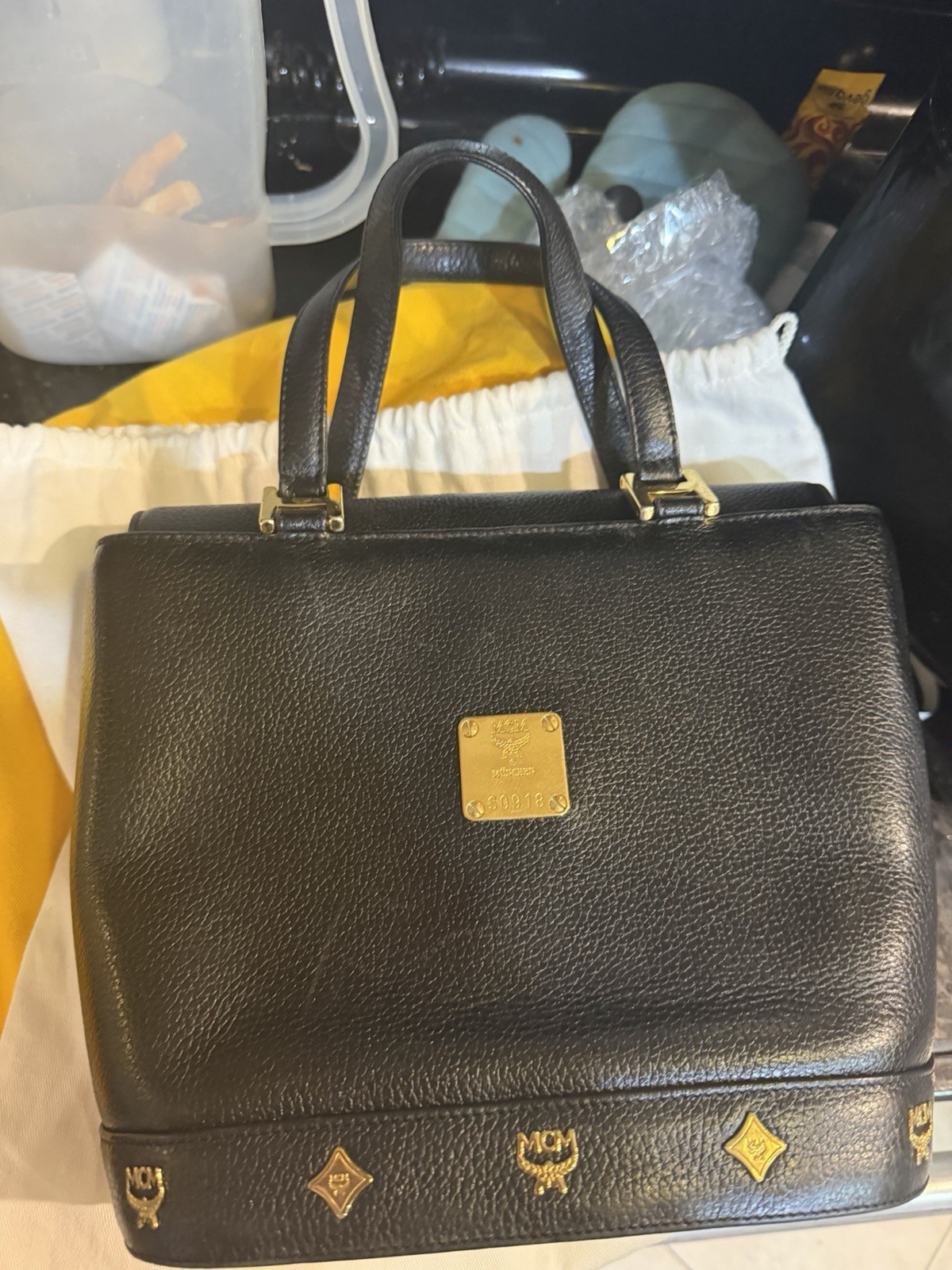 Vintage MCM Black Pebbled Leather Top Handle Satchel Gold Hardware Logo Bag Vintage MCM Black Pebbled Leather Top Handle Satchel Gold Hardware Logo Bag