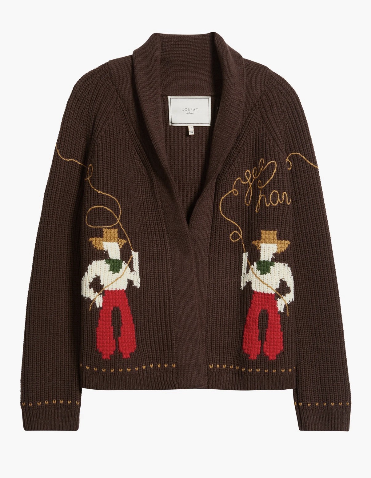 The GREAT. Lasso lodge brown Rib-Knit Shawl Collar Cowboy Cardigan Sweater 0