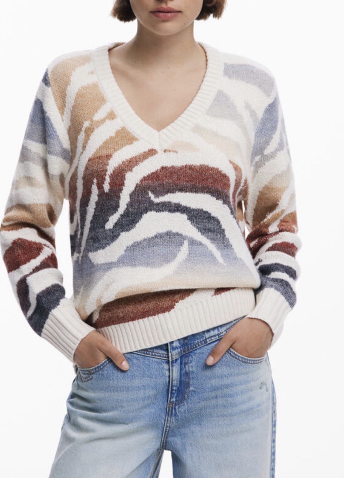 New Desigual V-Neck Zebra Sweater Size M $298