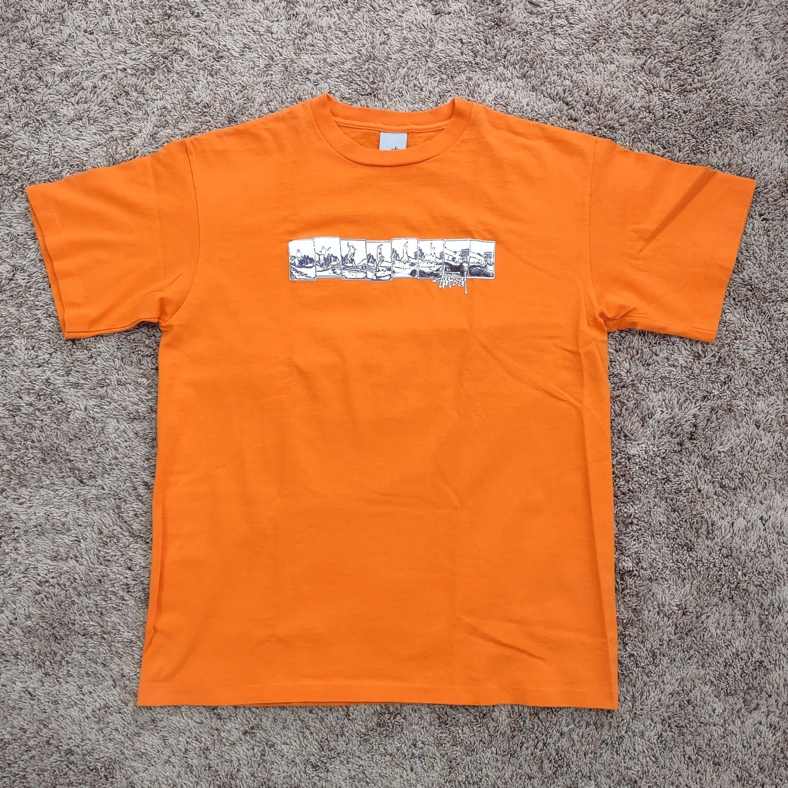 Vintage 90s-Y2K Stüssy T-Shirt Skateboarder Grinding Rail Tee Size L Orange