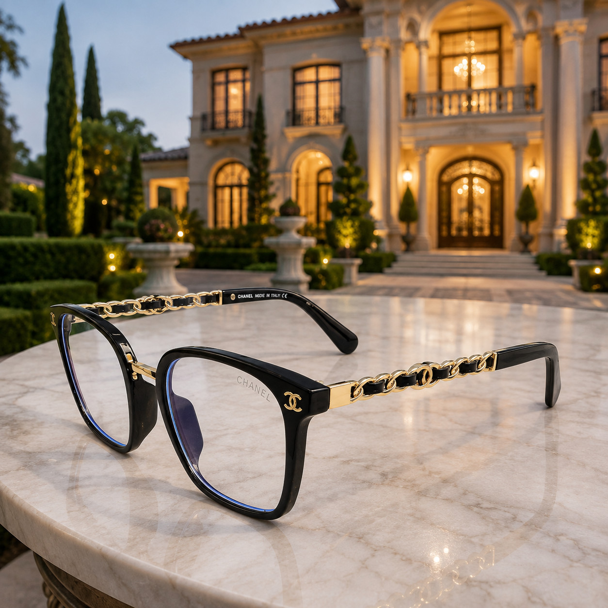 Chanel Gold-And-Black Chain Design, Square Frame  (Authentic) 50,20,140
