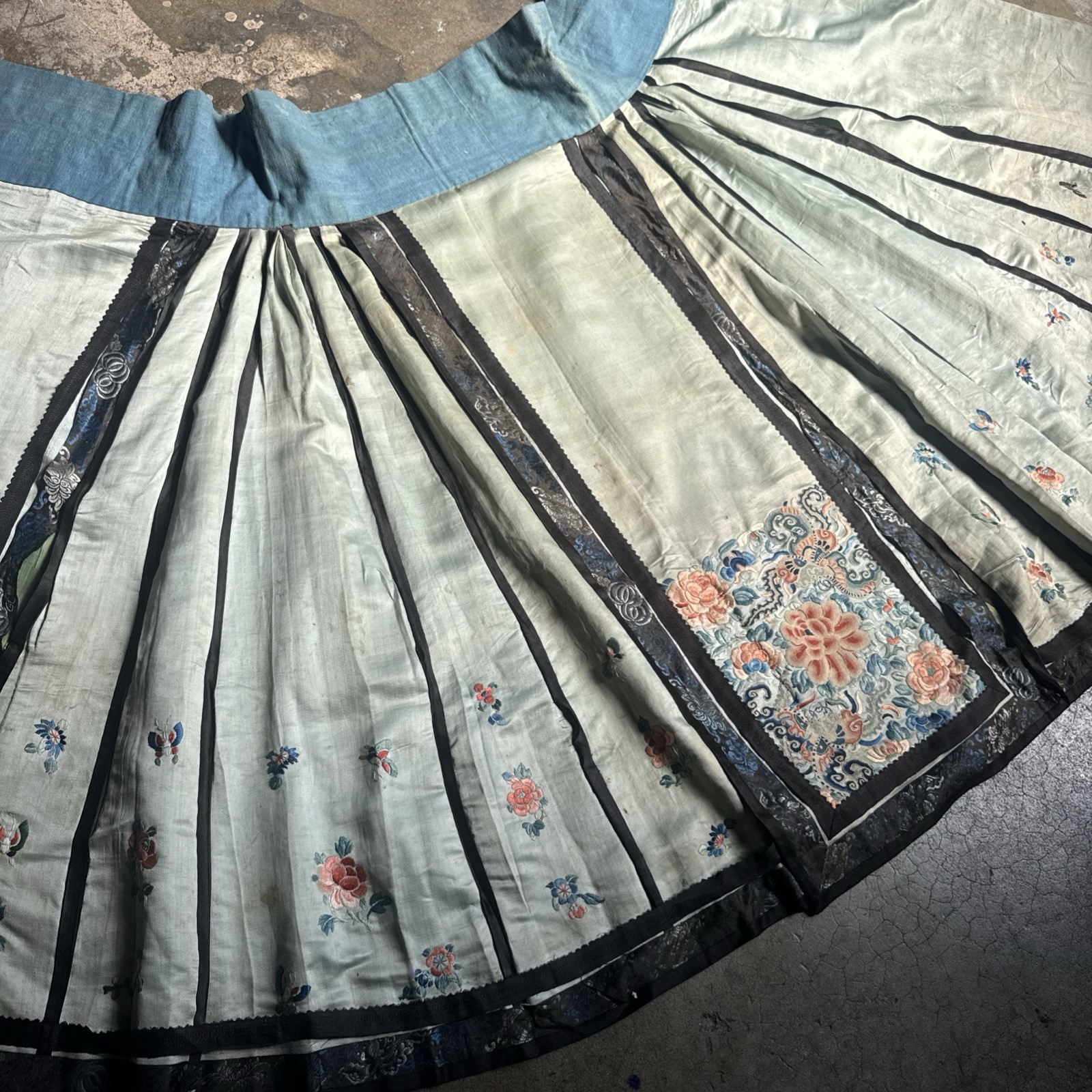 Antique Chinese Skirt Qing Dynasty Blue Silk Forbidden Stitch Embroidery Vintage Antique Chinese Skirt Qing Dynasty Blue Silk Forbidden Stitch Embroidery Vintage