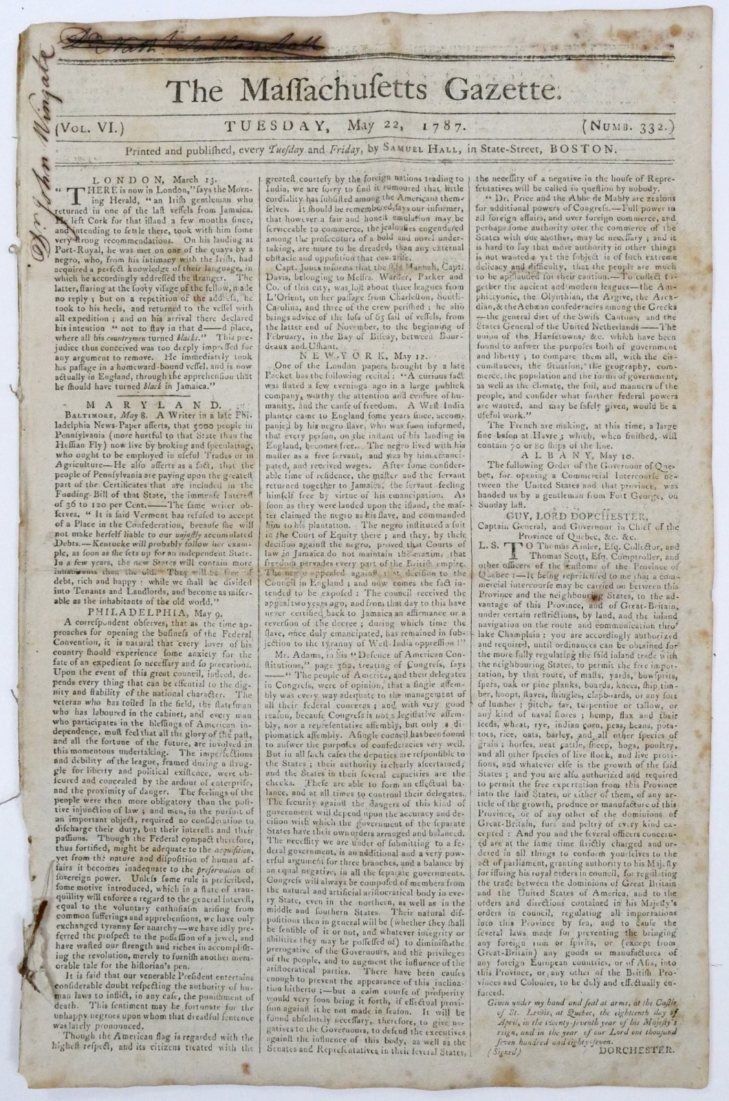 1787 Massachusetts Gazette May 22 – Constitutional Convention – Shays’ Rebellion