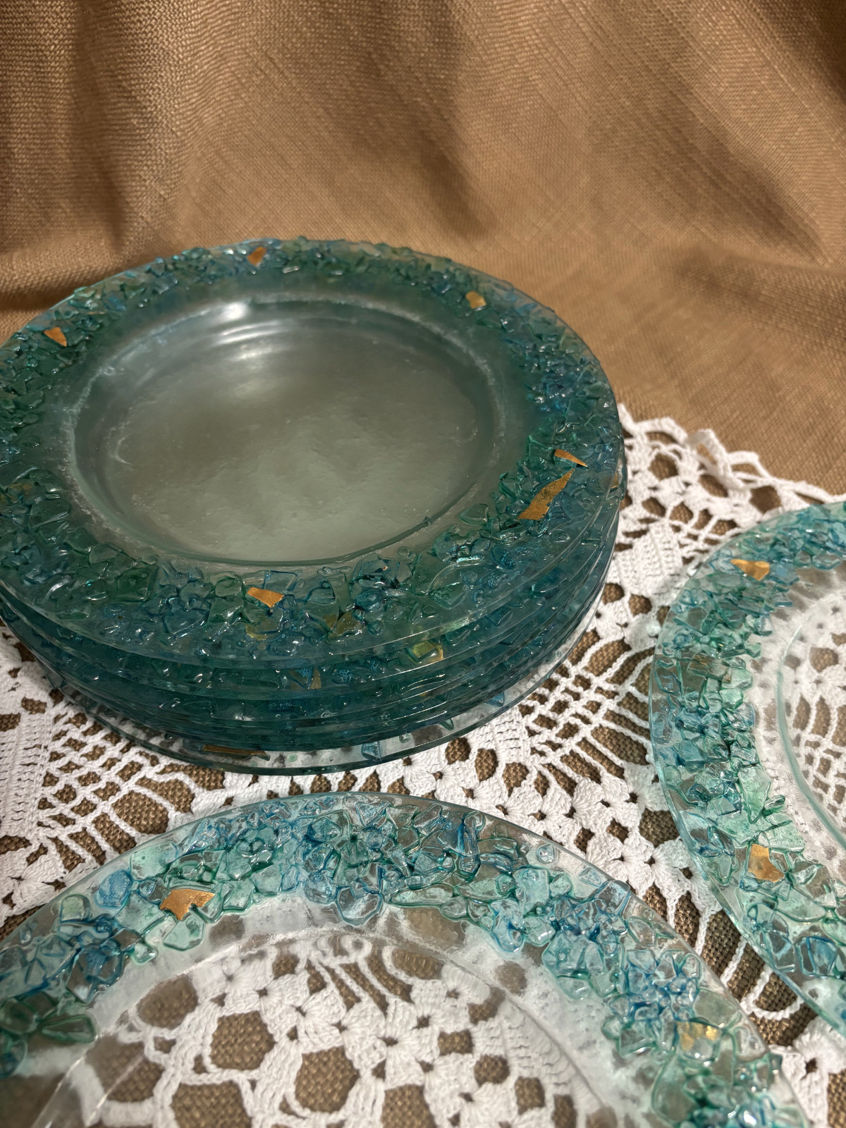 Vintage Murano Glass Plates Set 8pcs, Handmade Venetian Art Vintage Murano Glass Plates Set 8pcs, Handmade Venetian Art