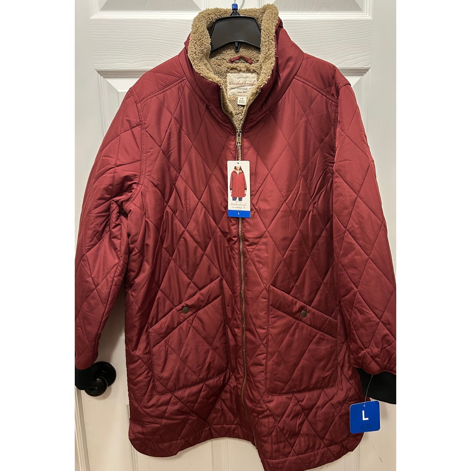 NWT Weatherproof Vintage Quilted Sherpa Lined Jacket Burgundy Womens L Long Coat