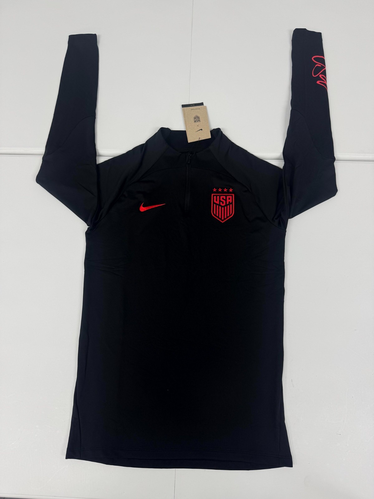 Nike USWNT Strike Drill Top Mens Black Red Dri-FIT Soccer Quarter-Zip DR4627-010 Nike USWNT Strike Drill Top Mens Black Red Dri-FIT Soccer Quarter-Zip DR4627-010