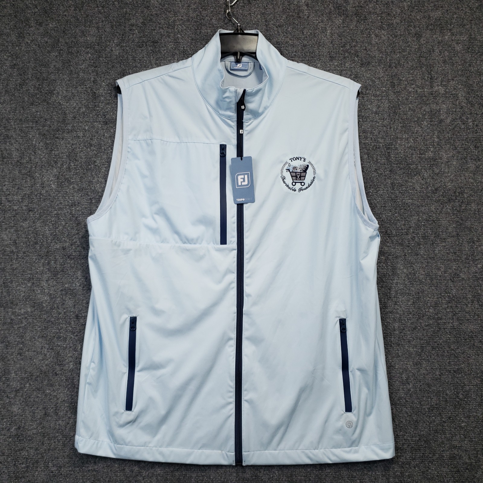 FootJoy Tempo Soft Shell Vest Mens XL Blue Zip Pockets Mock Neck Tony\'s Logo NEW FootJoy Tempo Soft Shell Vest Mens XL Blue Zip Pockets Mock Neck Tony\'s Logo NEW