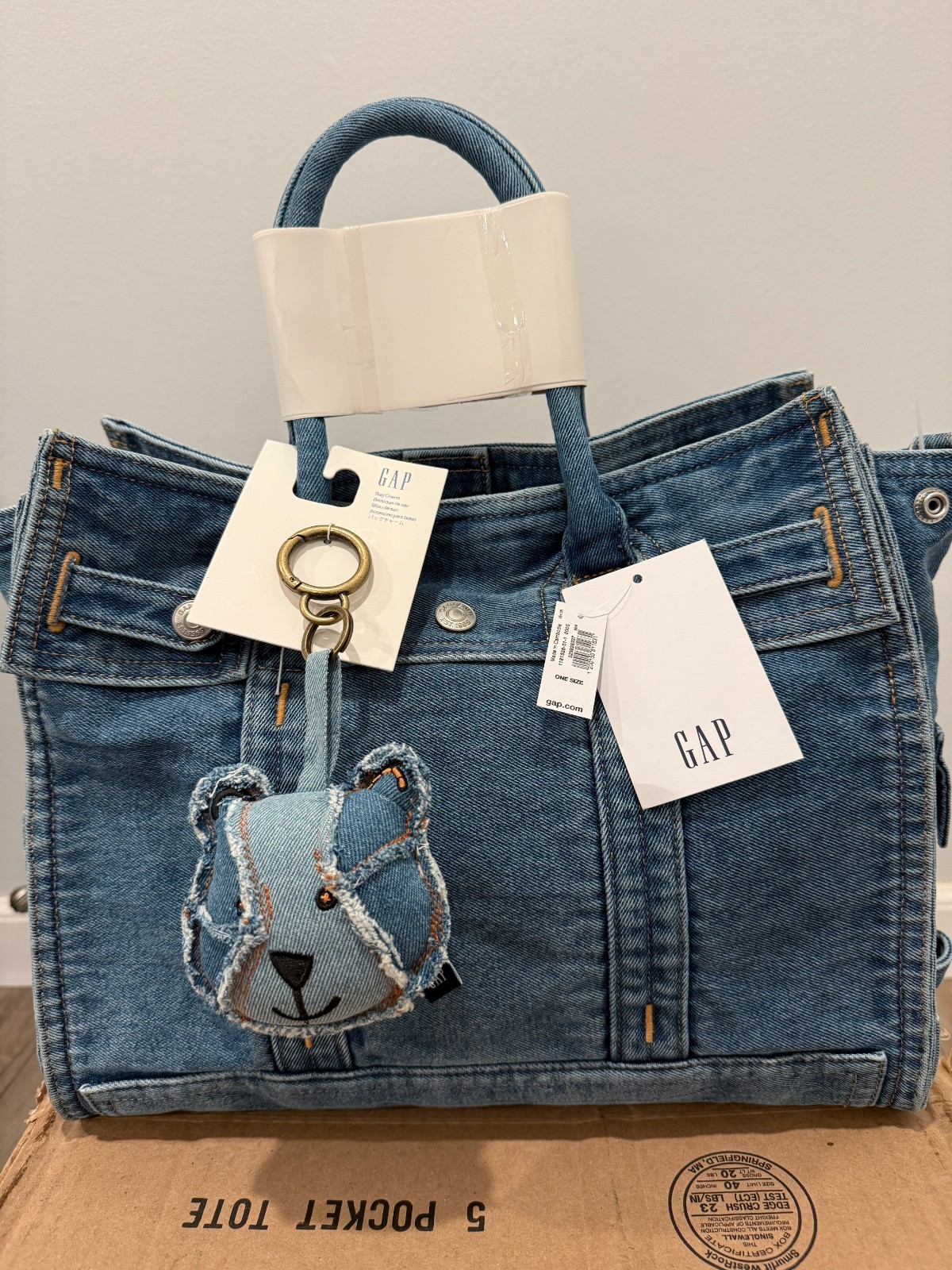 GAP Denim Five Pocket Tote Medium Wash Standard Sz w/ Patchwork Bear Charm NWT