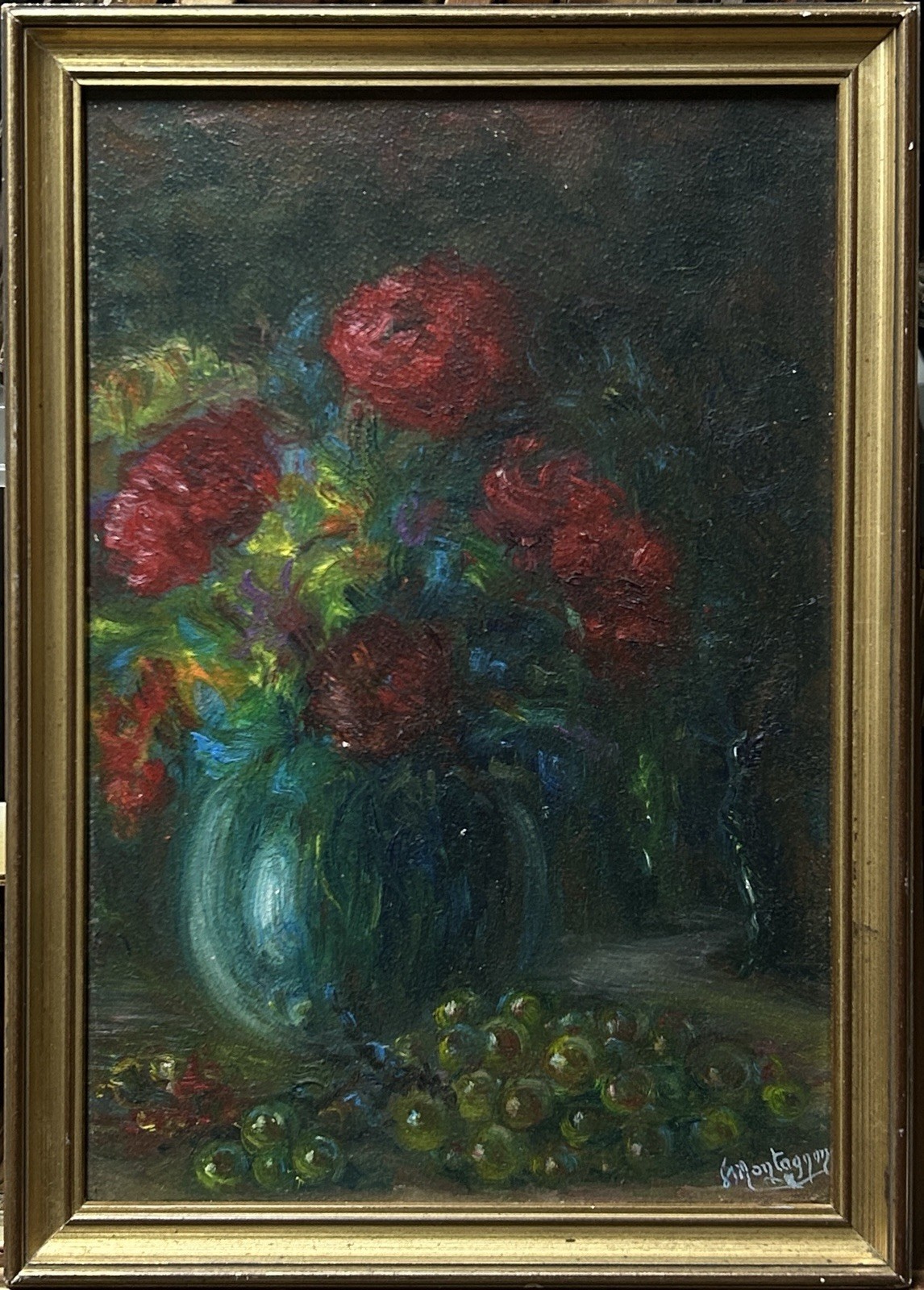 Antique Flowers Bouquet Original Oil Painting on Hardboard, Signed, Framed