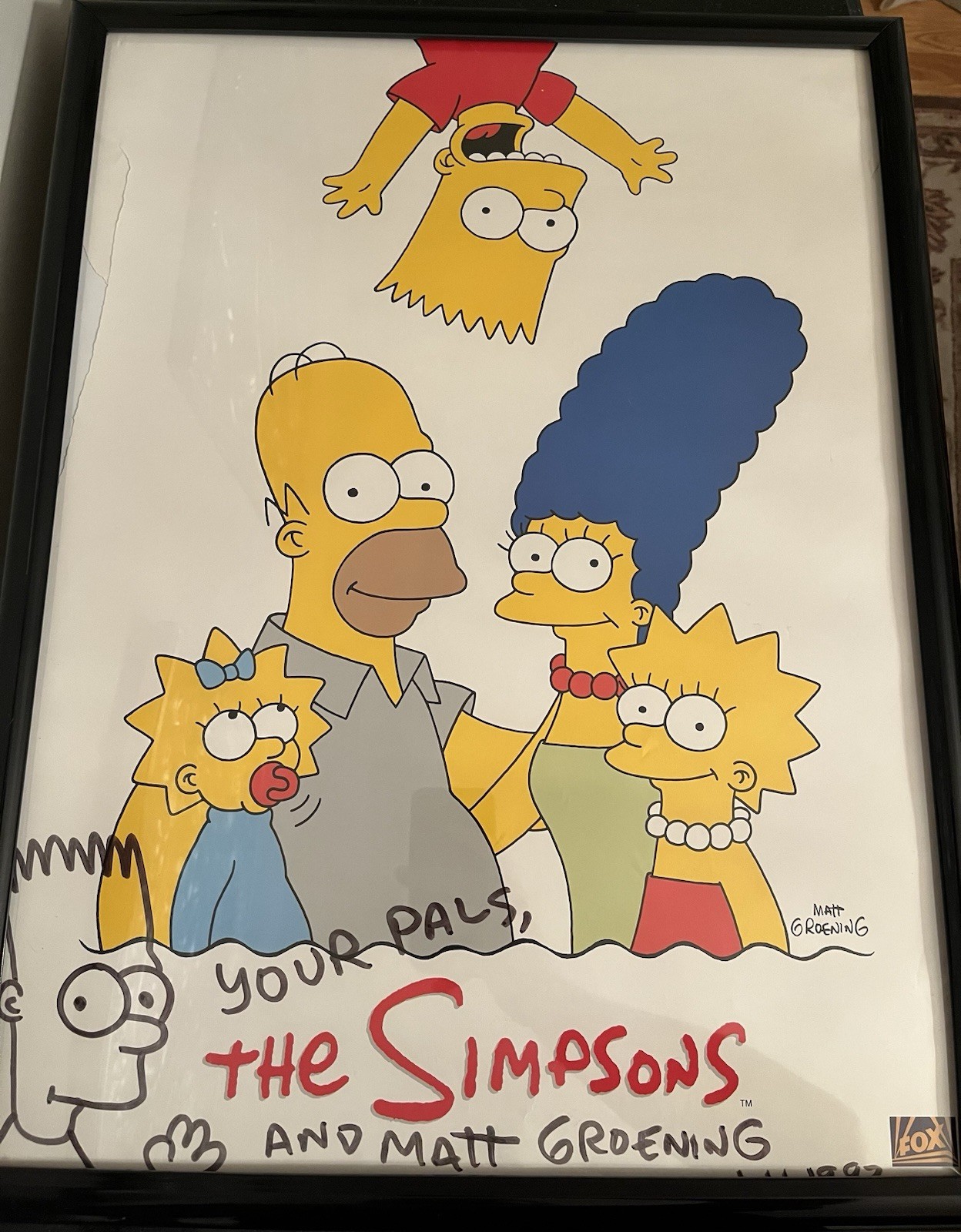 The Simpsons Matt Groening Signed Poster With Hand Drawn Bart Signed 1-11-1993
