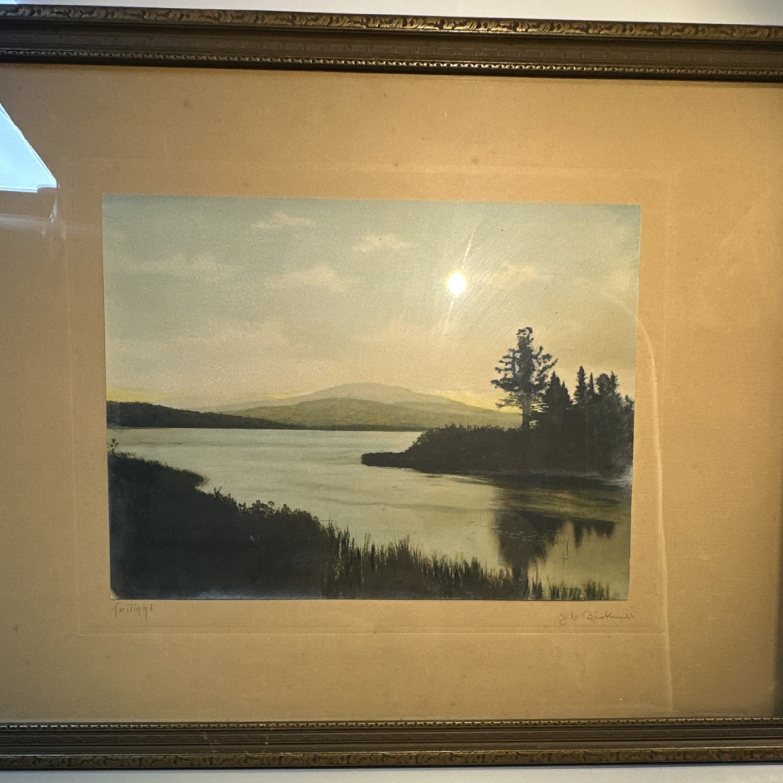 J. C. Bicknell Signed Framed Realism Landscape Painting 'Twilight', Lake, Trees J. C. Bicknell Signed Framed Realism Landscape Painting 'Twilight', Lake, Trees