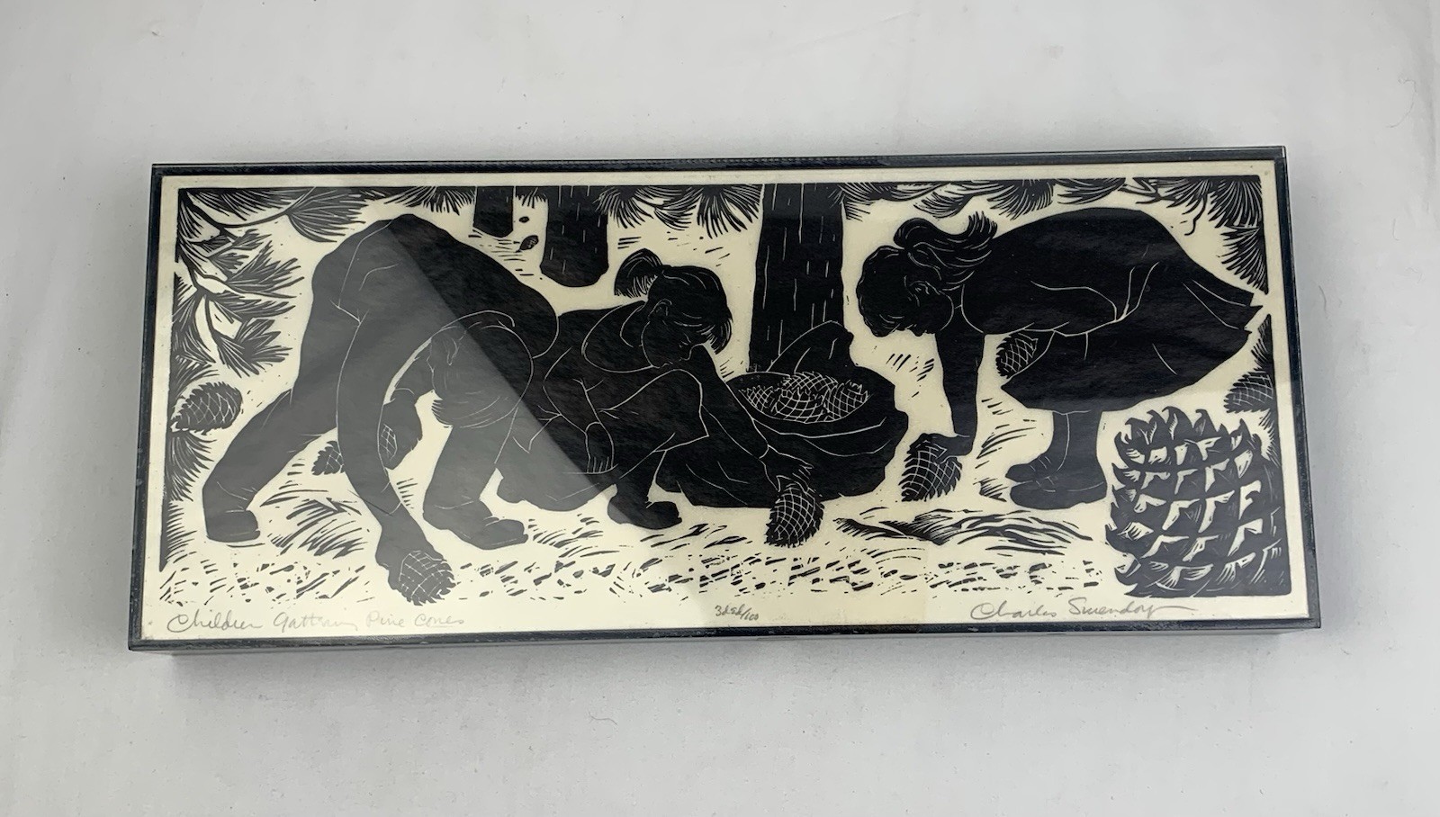 Charles Surendorf Originial Linocut Children Gathering Pine Cones WPA 1930\'s