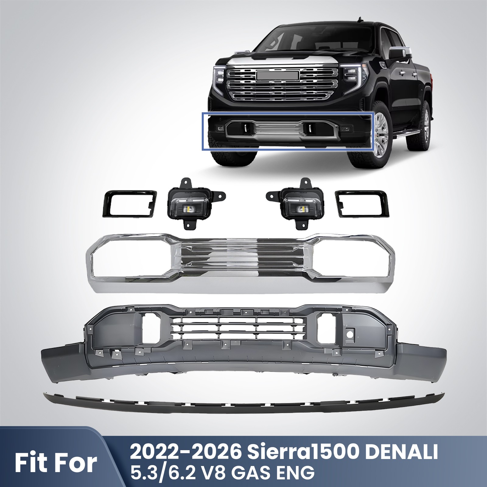 For 2022-2026 GMC Sierra1500 DENALI Lower Bumper&Deflector&Foglights NA ENG For 2022-2026 GMC Sierra1500 DENALI Lower Bumper&Deflector&Foglights NA ENG