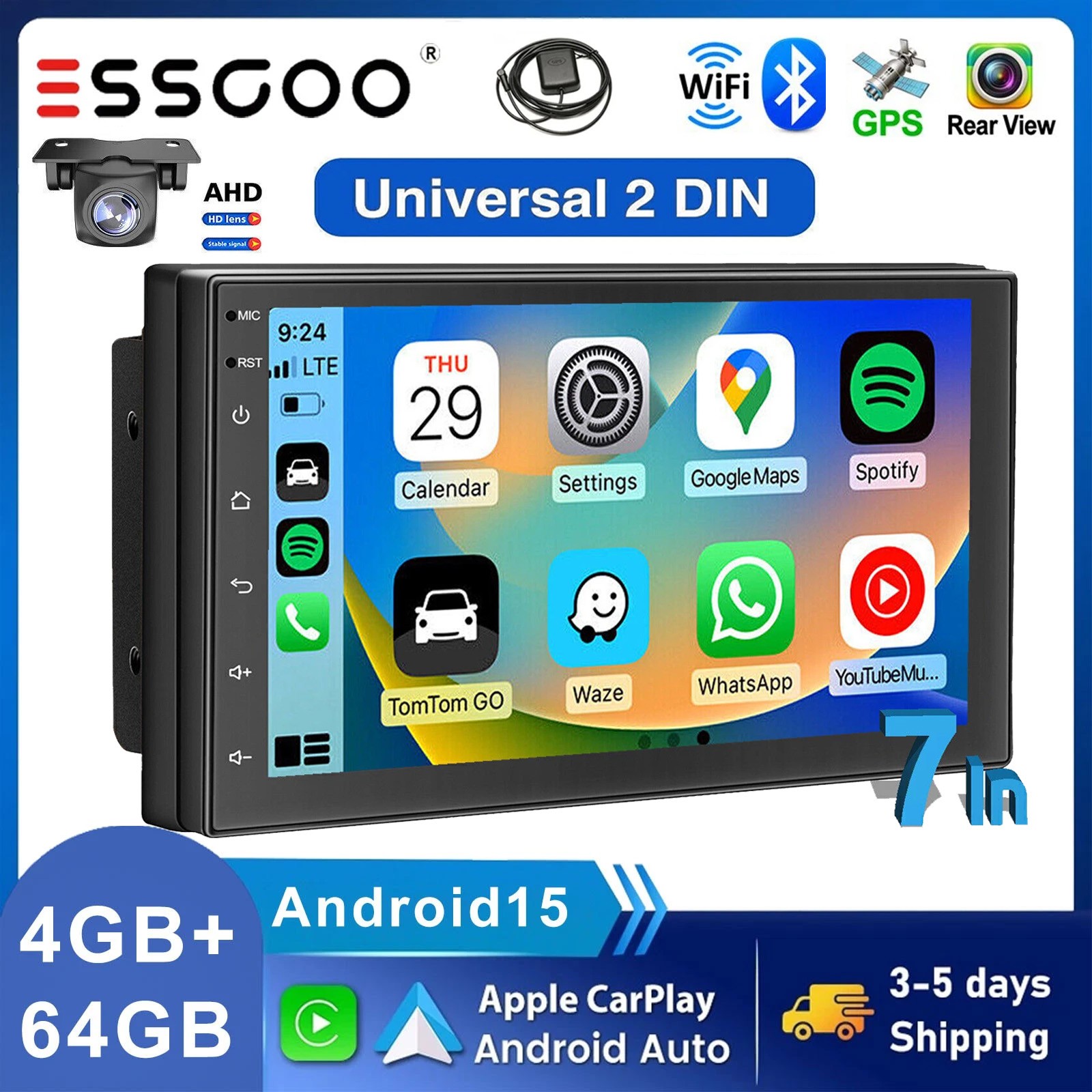 7\' Double 2 Din Android 15 Touch Screen Car Stereo Radio GPS WIFI BT Carplay AHD