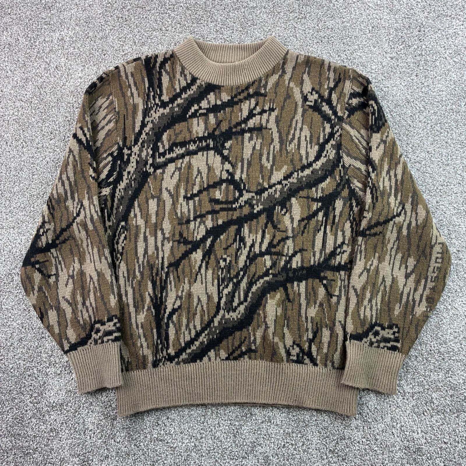 Vintage Mossy Oak Knits Sweater Mens XL Brown Wool Camo Realtree Crewneck