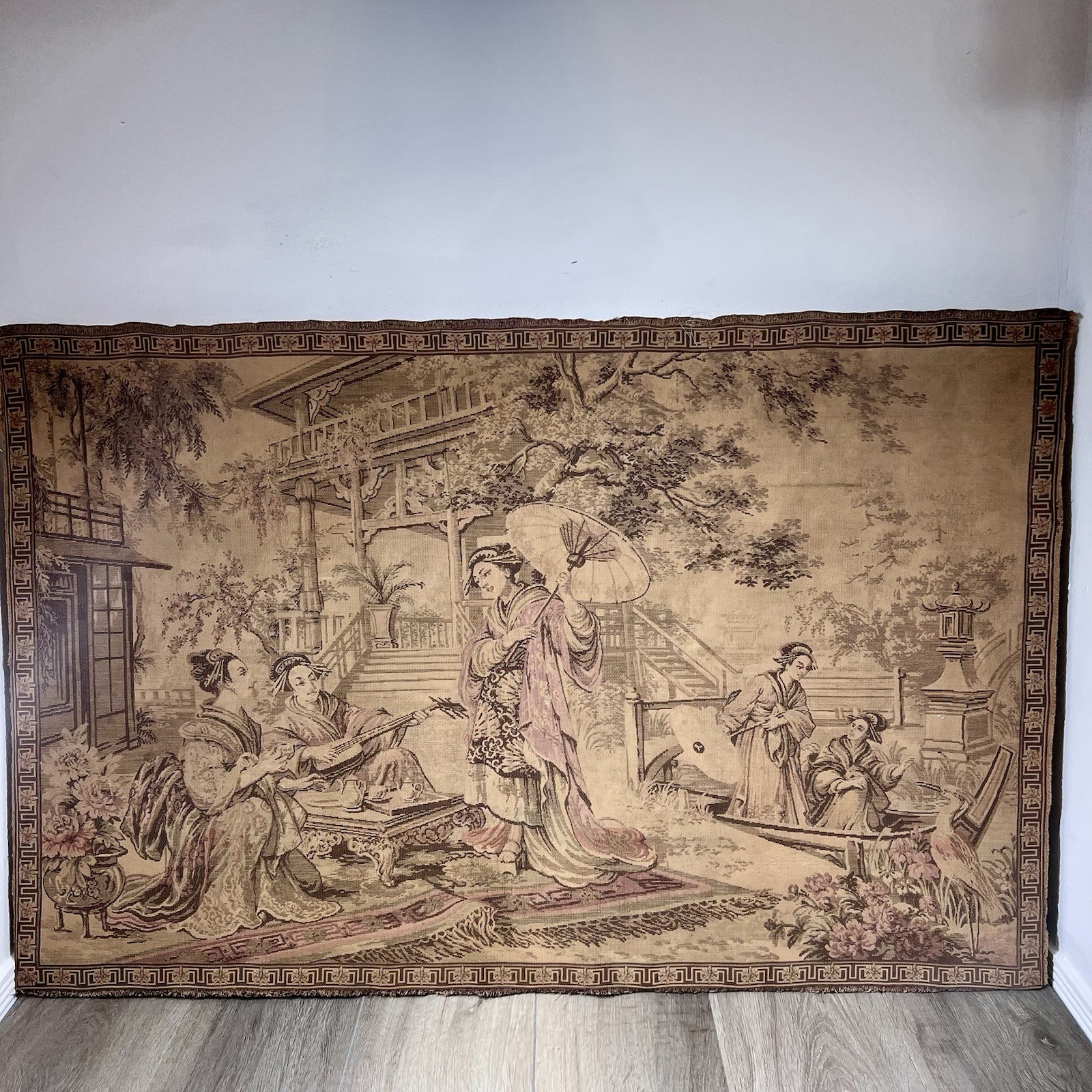 Vintage Woven Tapestry Asian Garden Geisha Scene Wall Hanging 43x28 Pink Beige