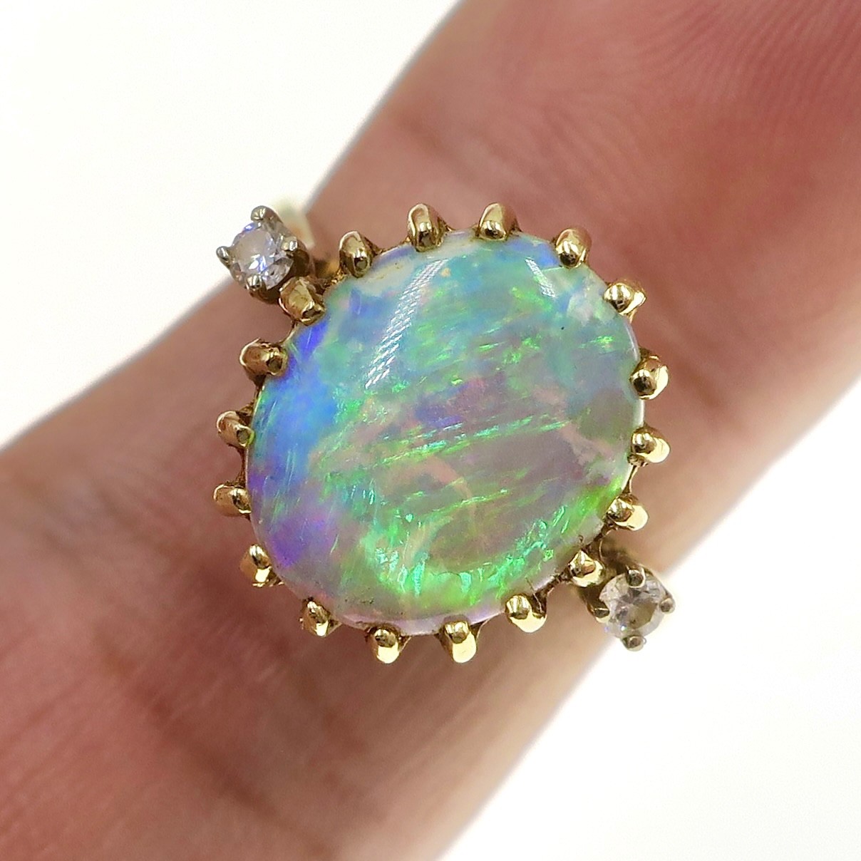 Fabulous Vintage 14k Solid Yellow Gold Natural Opal and Diamond Ring Size 6