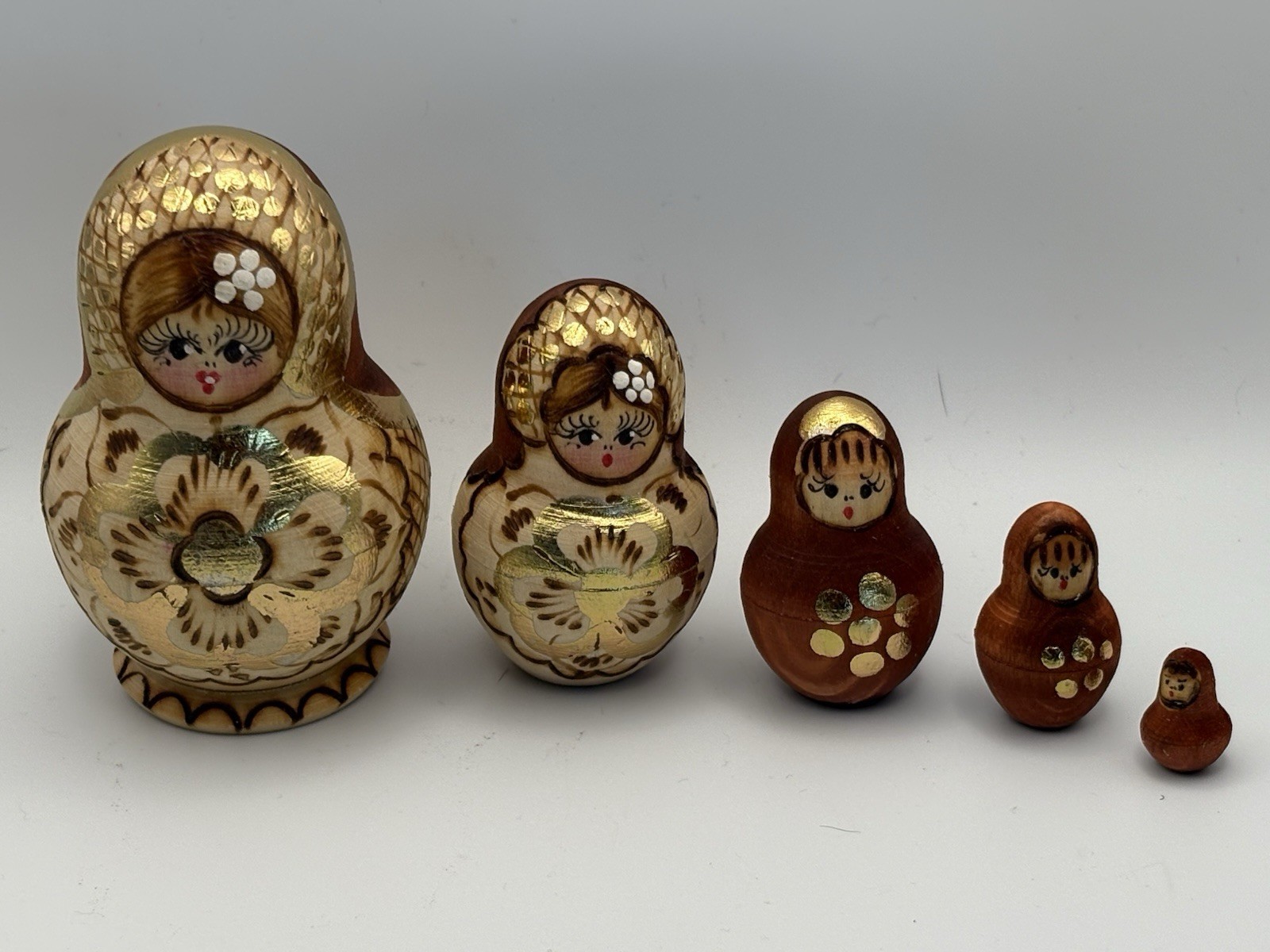 Vintage Russian Matryoshka Nesting Dolls 5-PC 3” Hand Painted Gold Floral Art