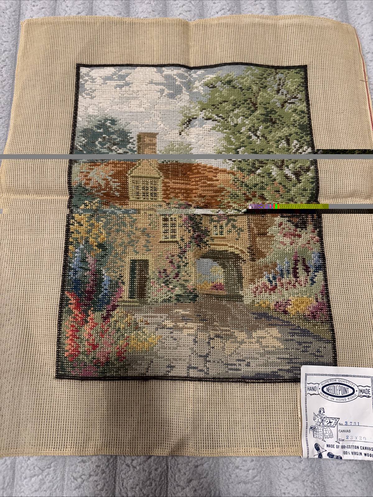 Vintage Hand Made Needlepoint English Cottage Garden #3731 - Wool Canvas 23”x20” Vintage Hand Made Needlepoint English Cottage Garden #3731 - Wool Canvas 23”x20”