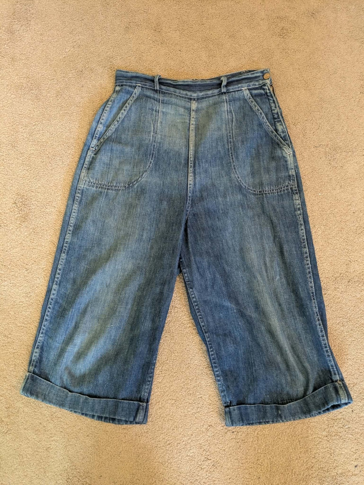 1950s blue denim side-zip short 3/4 jeans pants 