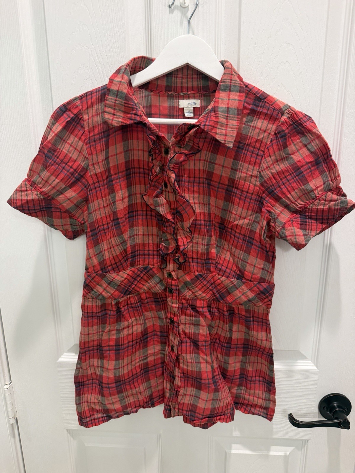 Y2K Vintage Odille archival Anthropologie Tartan Plaid Ruffle Top Sz 10 button Y2K Vintage Odille archival Anthropologie Tartan Plaid Ruffle Top Sz 10 button