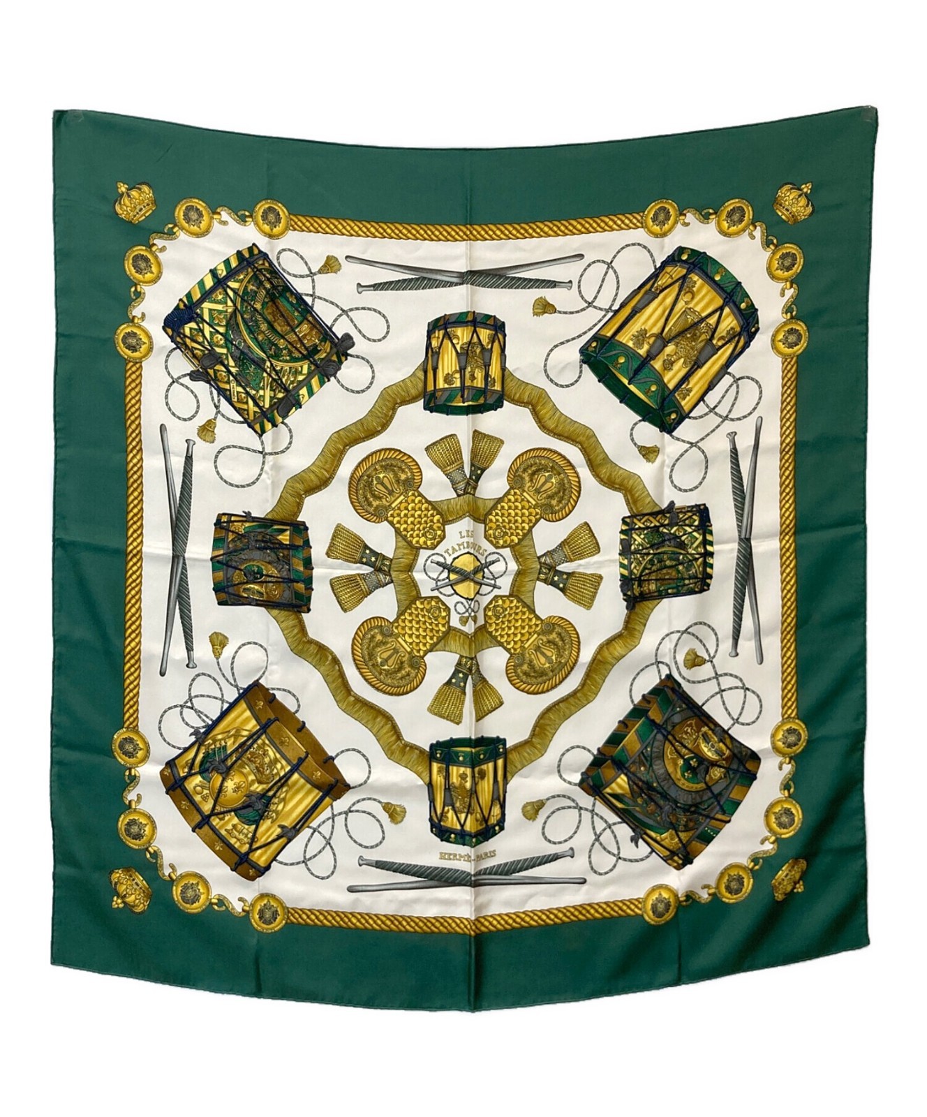 HERMES Carré 90 LES TAMBOURS Green Silk Scarf