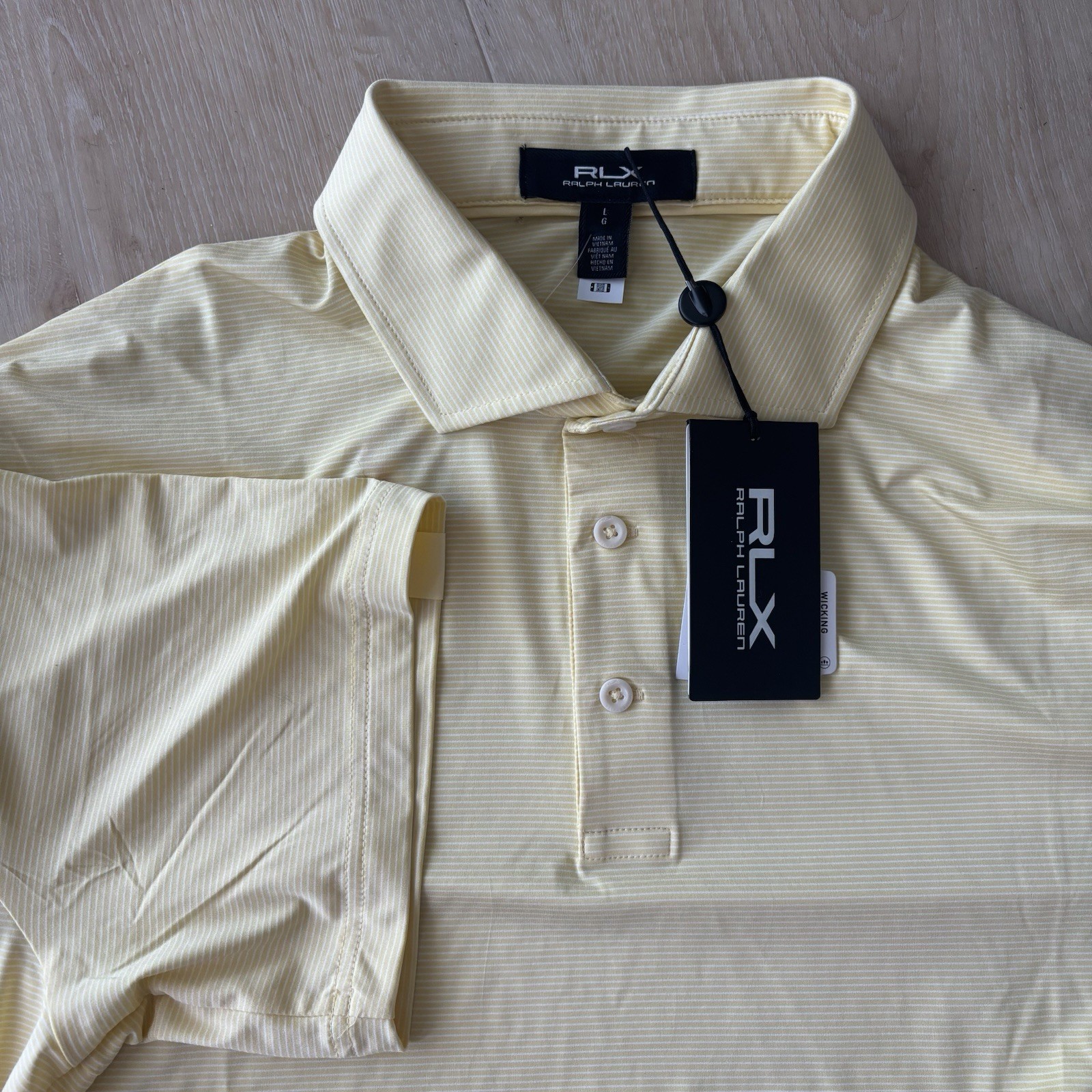 RLX Ralph Lauren Polo Shirt Mens LARGE Yellow Striped Golf Performance NEW $110
