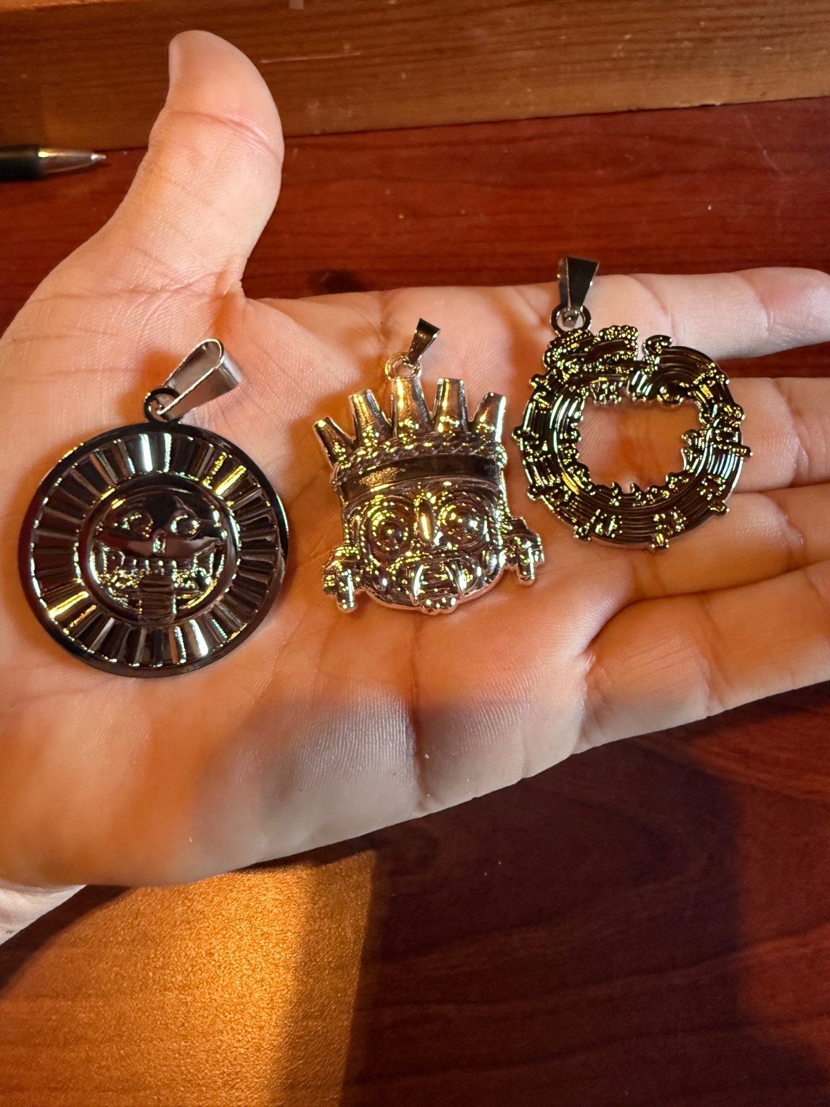 3 Aztec Pedants, Silver Tone, Mictlantecuhtli, Tlaloc, & Quetzalcoatl, Metal #36 3 Aztec Pedants, Silver Tone, Mictlantecuhtli, Tlaloc, & Quetzalcoatl, Metal #36