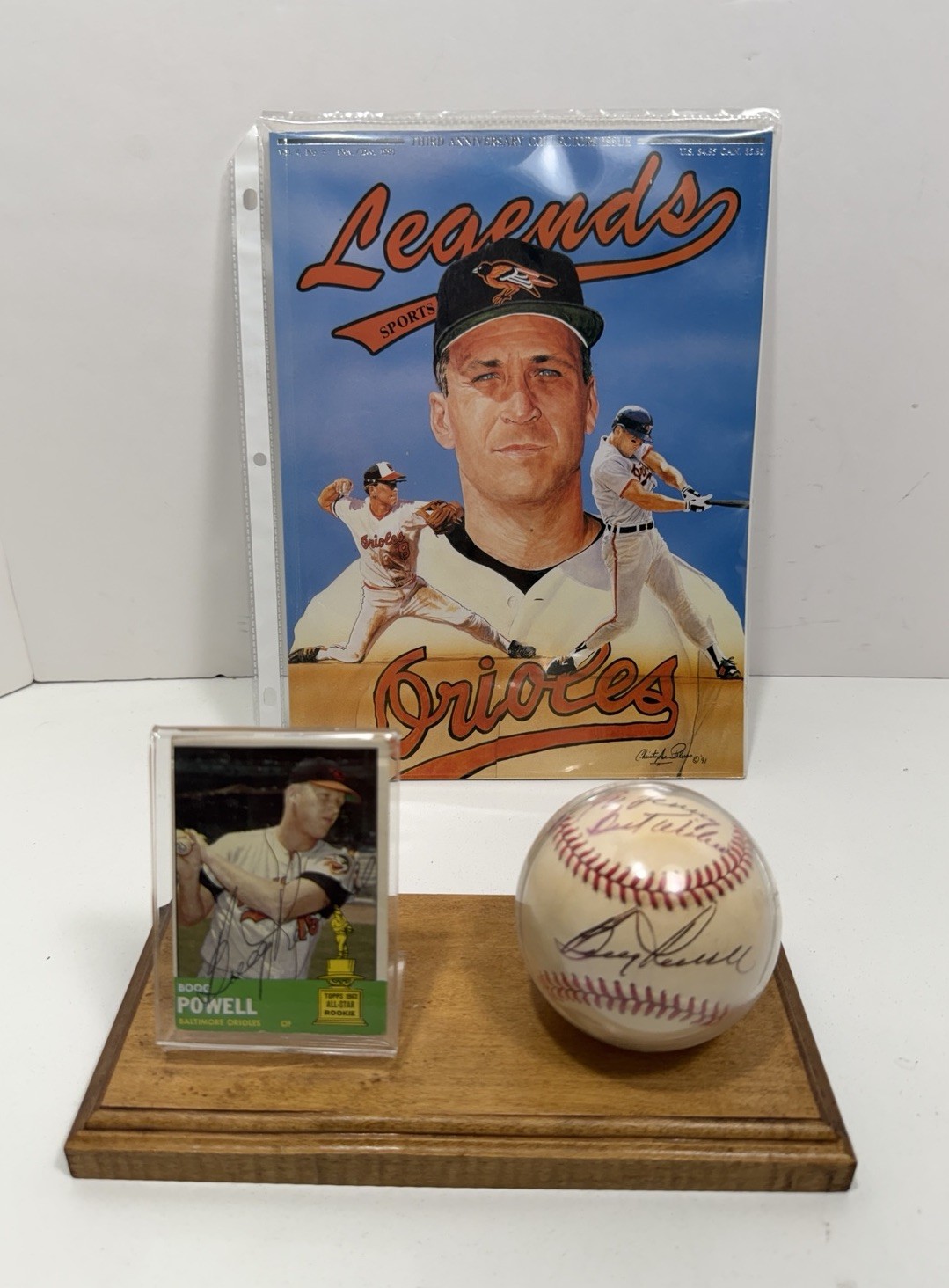 Baltimore Orioles Signed 1963 Topps Boog Powell + OAL Baseball + Mag Lot Baltimore Orioles Signed 1963 Topps Boog Powell + OAL Baseball + Mag Lot