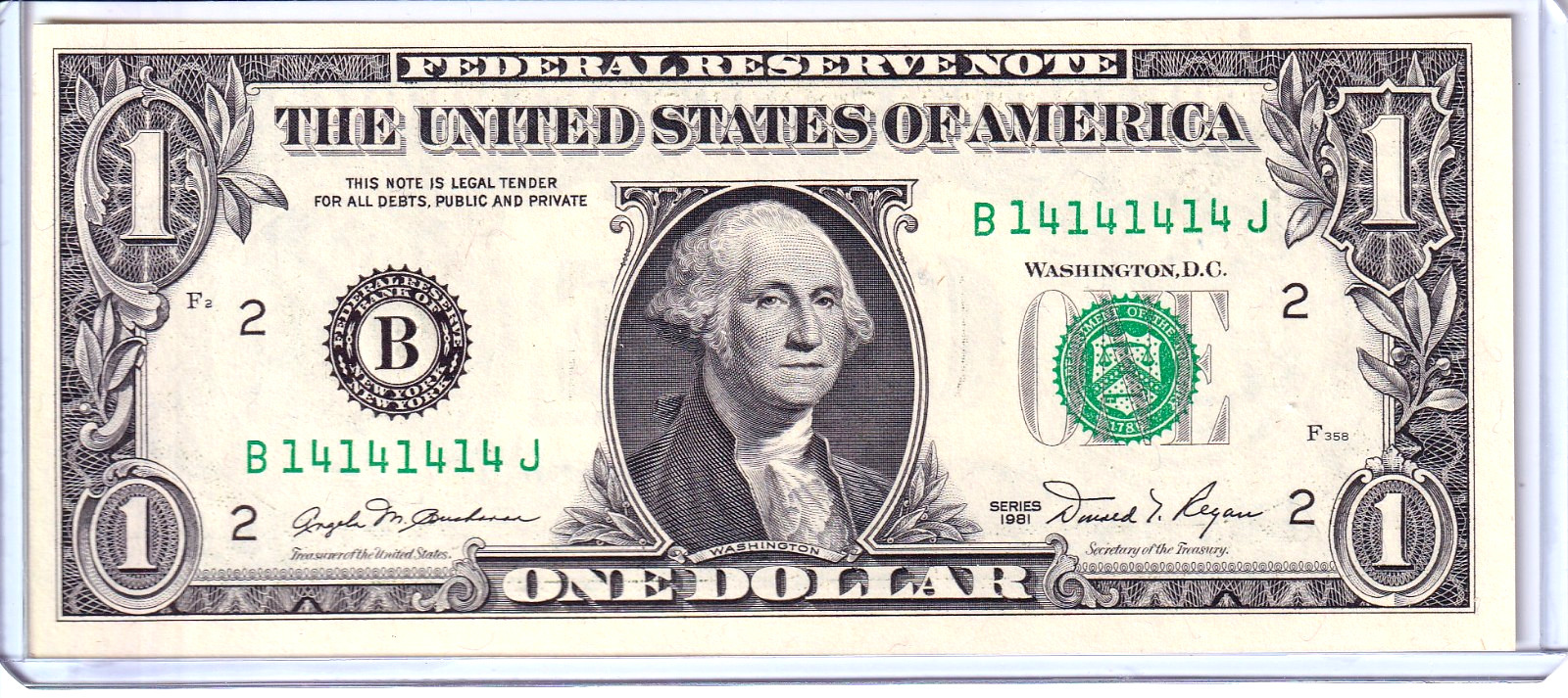 1981 $1 Federal Reserve Note Uncirculated 1/4 Binary Super Repeater #B14141414J 1981 $1 Federal Reserve Note Uncirculated 1/4 Binary Super Repeater #B14141414J