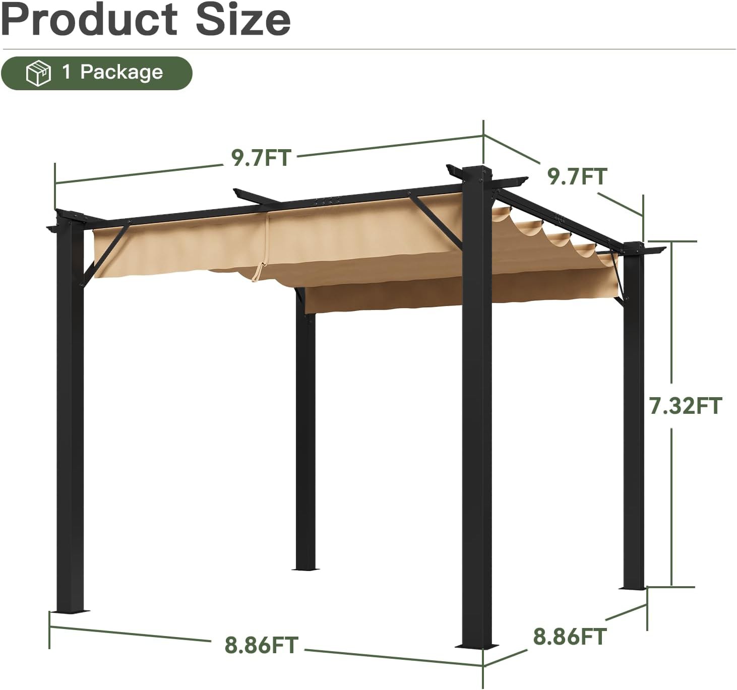12 x 10 ft 10\' x 10\' Outdoor Metal Pergola with Retractable Canopy Patio Gazebos