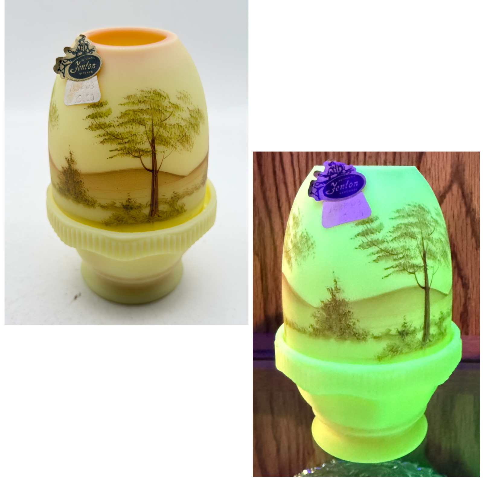 VINTAGE Fenton BURMESE Uranium Tree & Landscape Fairy Lamp Signed Gloria Finn VINTAGE Fenton BURMESE Uranium Tree & Landscape Fairy Lamp Signed Gloria Finn