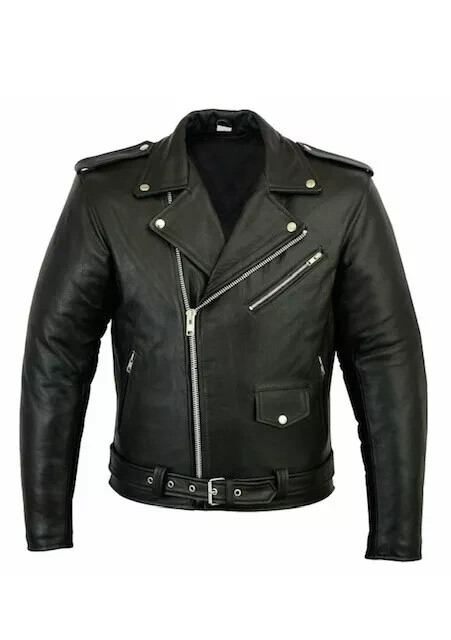 Men\'s Motorcycle Leather jacket Genuine Buffalo Skin Brando Style Black Biker