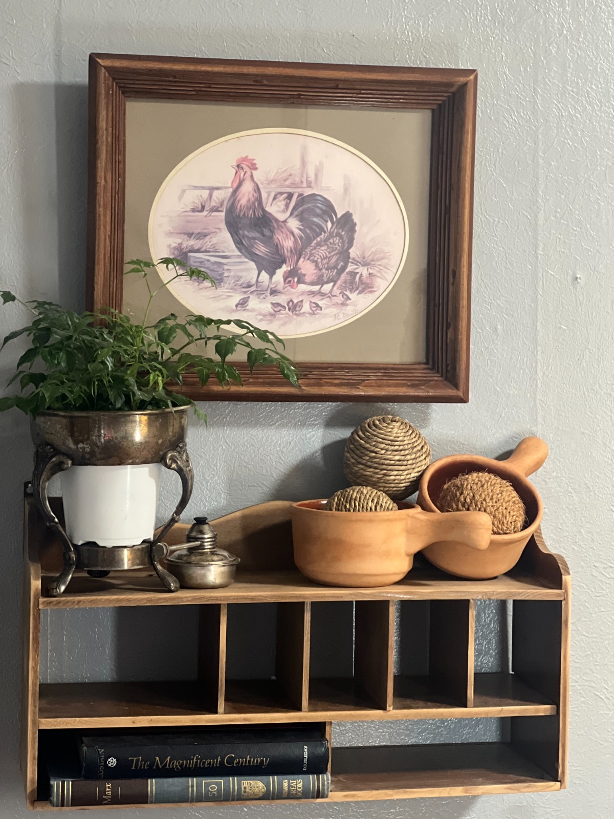 Curated Vintage Decor Set T.C. Morris Rooster Terracotta Pots Wood Shelf Book