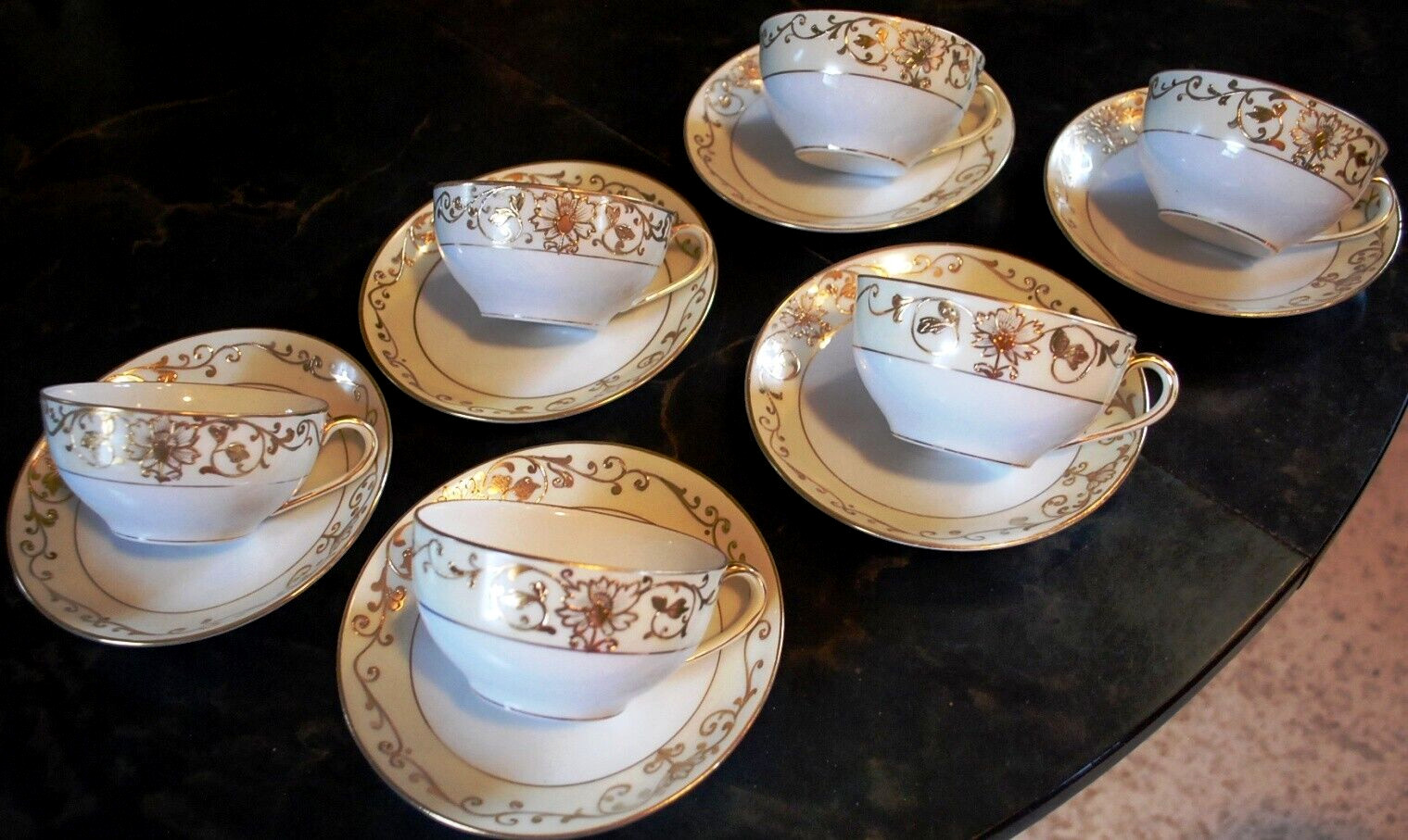 Set 6 Antique \'Noritake M\' GOLD MORIAGE TEACUPS & SAUCERS Hand Painted Porcelain