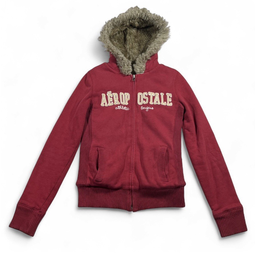Aeropostale Fur Hooded Zip Up Sweatshirt Maroon Y2k Sz S Aeropostale Fur Hooded Zip Up Sweatshirt Maroon Y2k Sz S