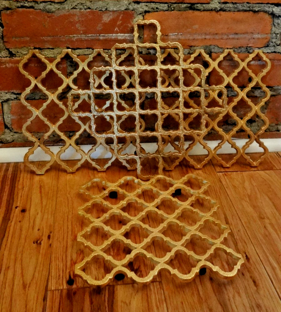 Set of 4 Gold Moroccan Trellis Trivets Metal Geometric Hot Plates 8” Decor