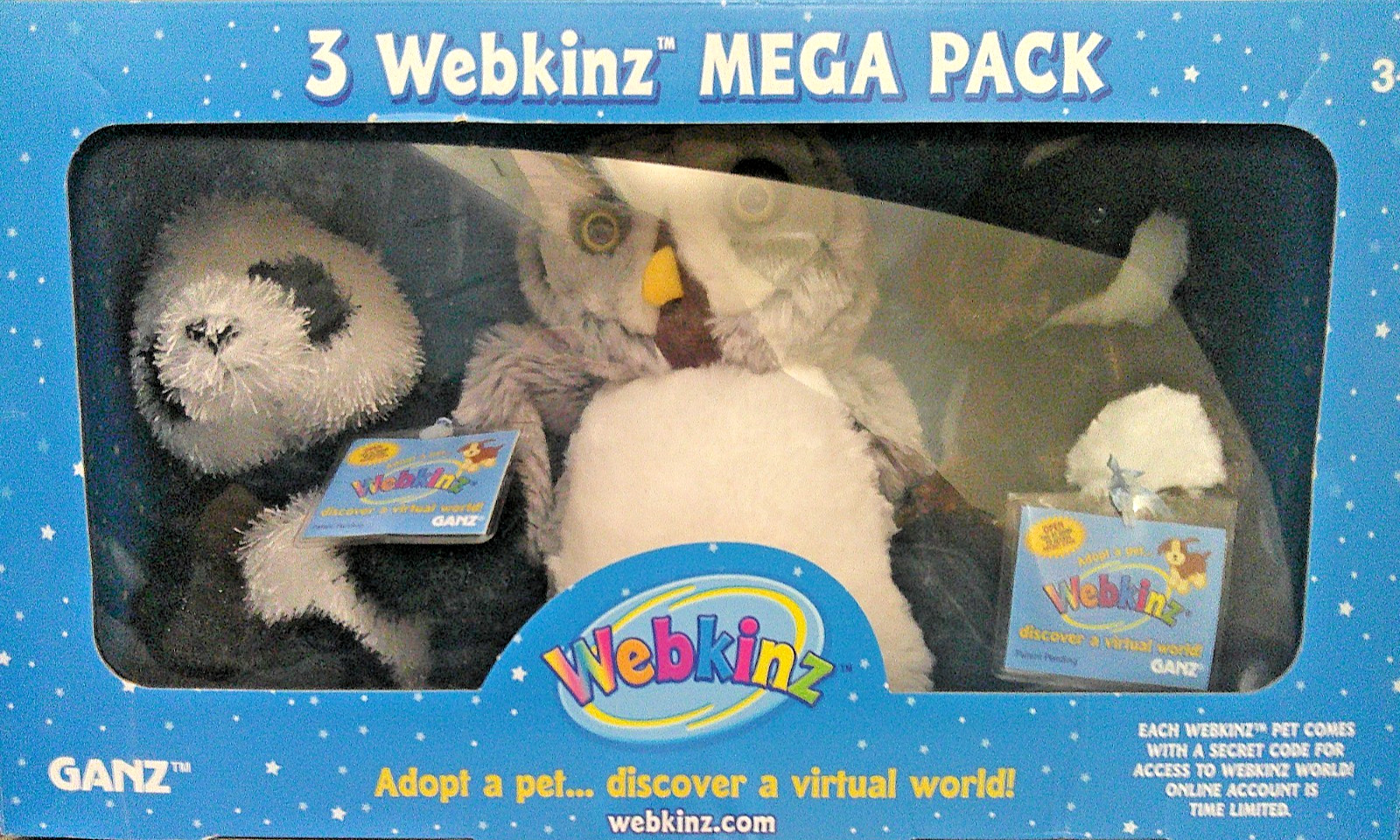 WEBKINZ 3 WEBKINZ MEGA PACK WITH PANDA OWL & BROWN & WHITE HORSE W/TAG PROTECTOR