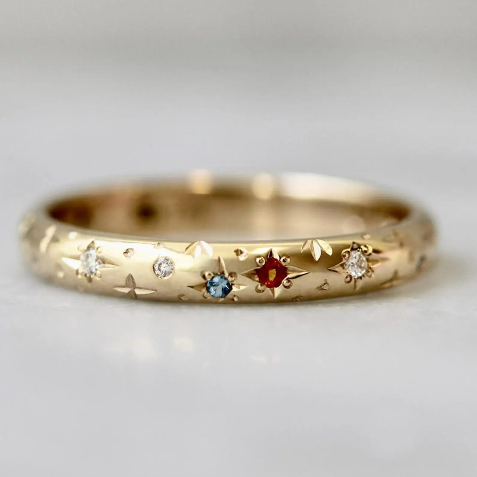 Personalized Celestial Birthstone Diamond Ring in 10k Gold, Star Engraved Band