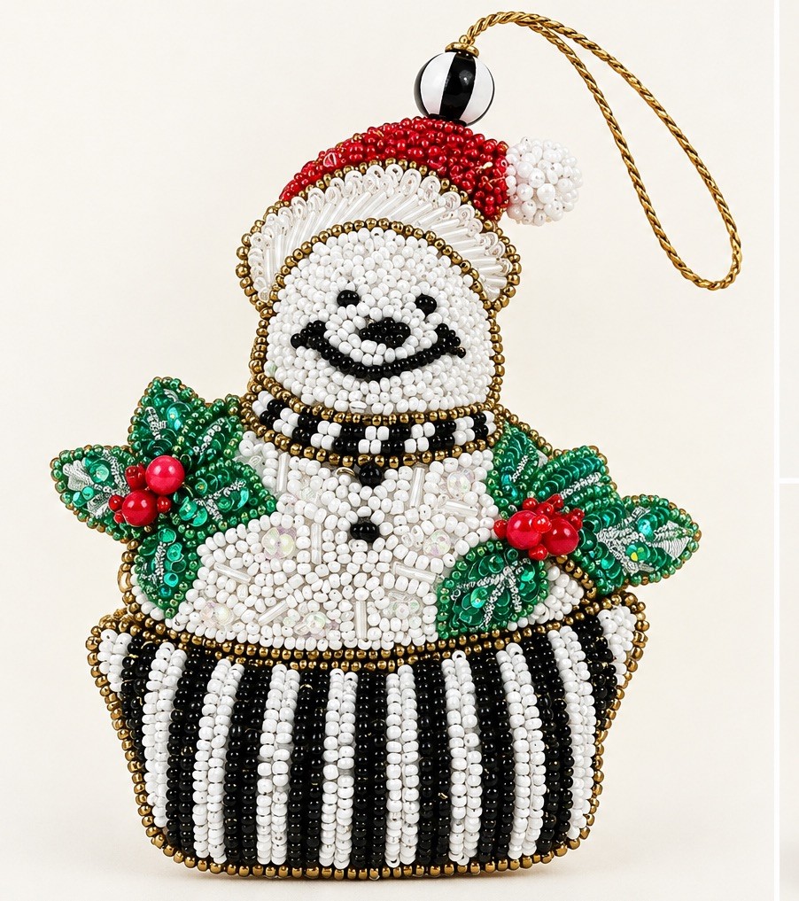 MacKenzie-Childs Beaded Snowman with Courtly Check Fabric Ornament- New MacKenzie-Childs Beaded Snowman with Courtly Check Fabric Ornament- New