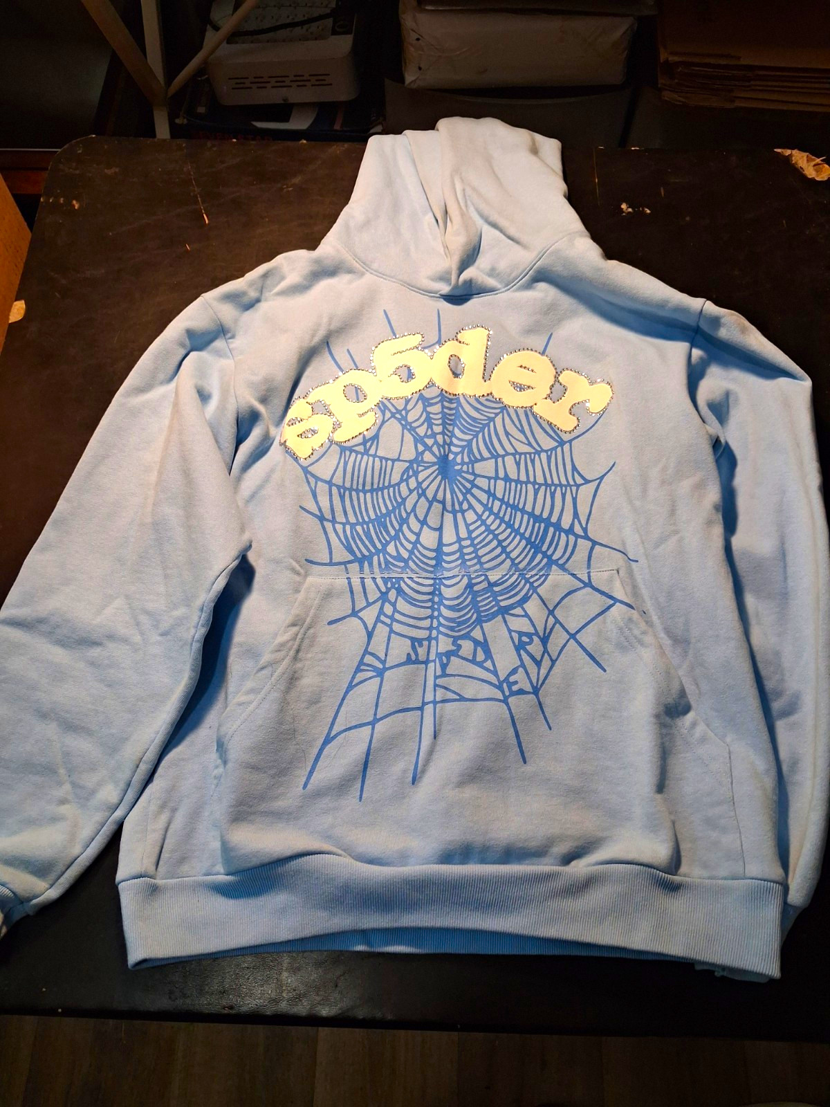 sp5der Men\'s Blue Spider Web Graphic Pullover Fleece Hoodie Pockets Size S sp5der Men\'s Blue Spider Web Graphic Pullover Fleece Hoodie Pockets Size S