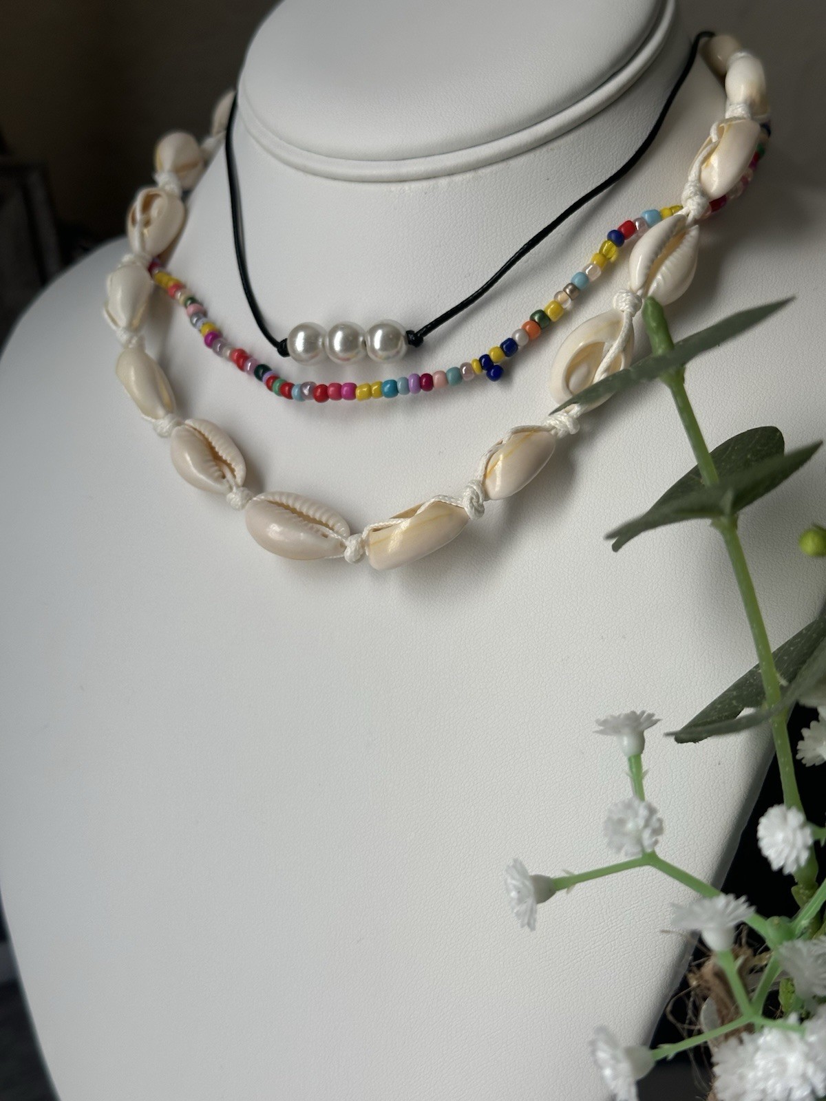 Handmade Layered Cowrie Shell Necklace Set Boho Beach Choker Pearl Beaded