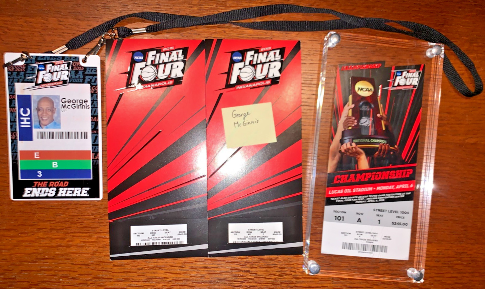 2015 FINAL FOUR Ticket set with HOF GEORGE McGINNIS VIP BADGE Duke Wisconsin 2015 FINAL FOUR Ticket set with HOF GEORGE McGINNIS VIP BADGE Duke Wisconsin