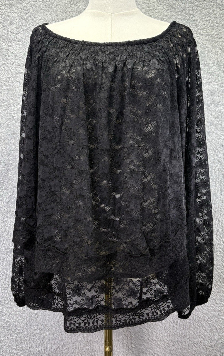 Festi Womens M/L Black Sheer Lace Top Open Back Balloon Sleeve Whimsigoth Boho
